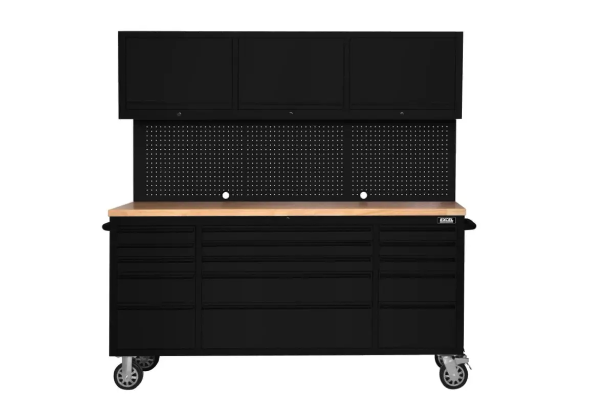 Excel 72" 15 Drawer Stainless Steel Tool Chest With 3 Overhead Cabinets Black 1