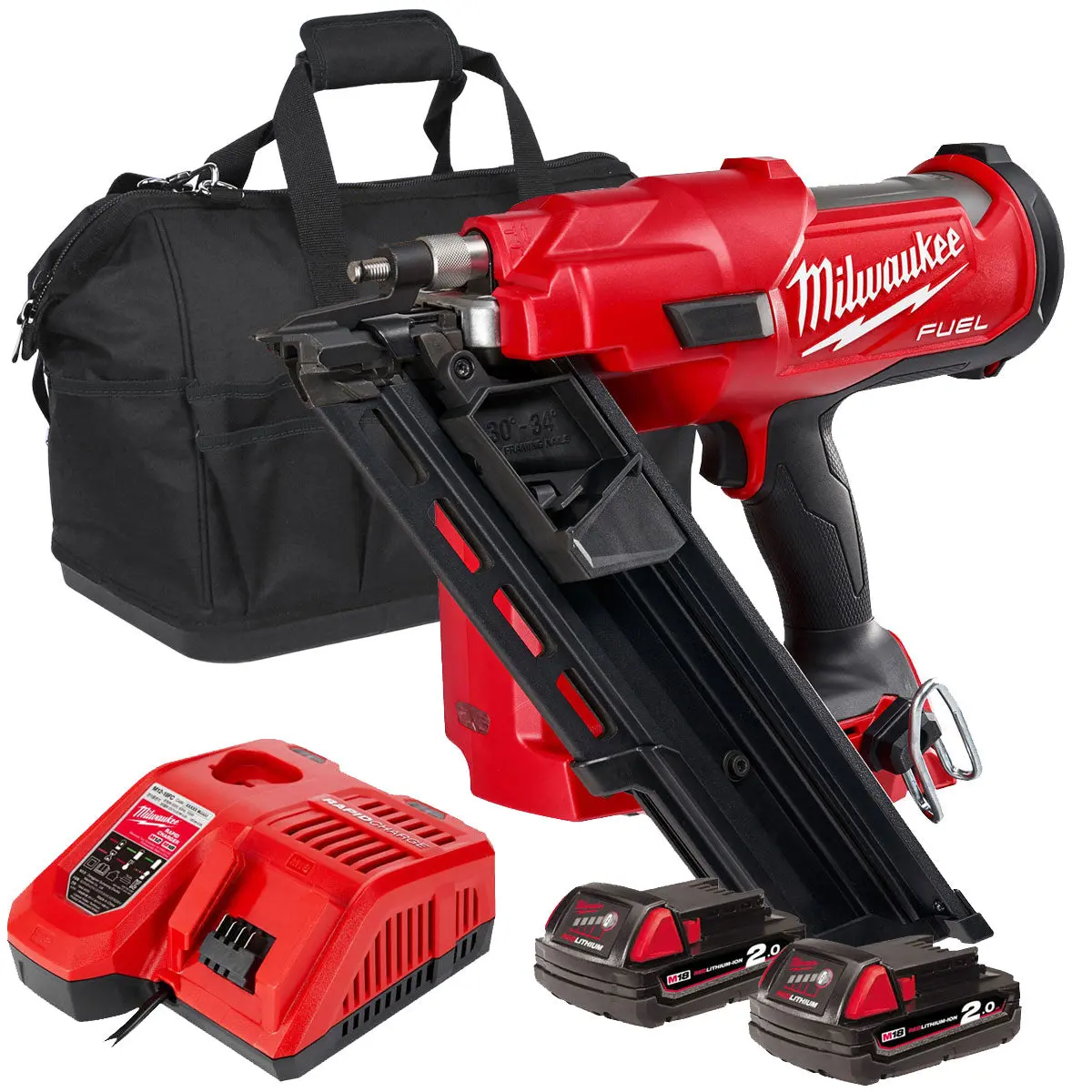 Milwaukee M18ffn-0 18V Brushless First Fix Framing Nailer With 2 X 2.0Ah Batteries Charger & Bag 1