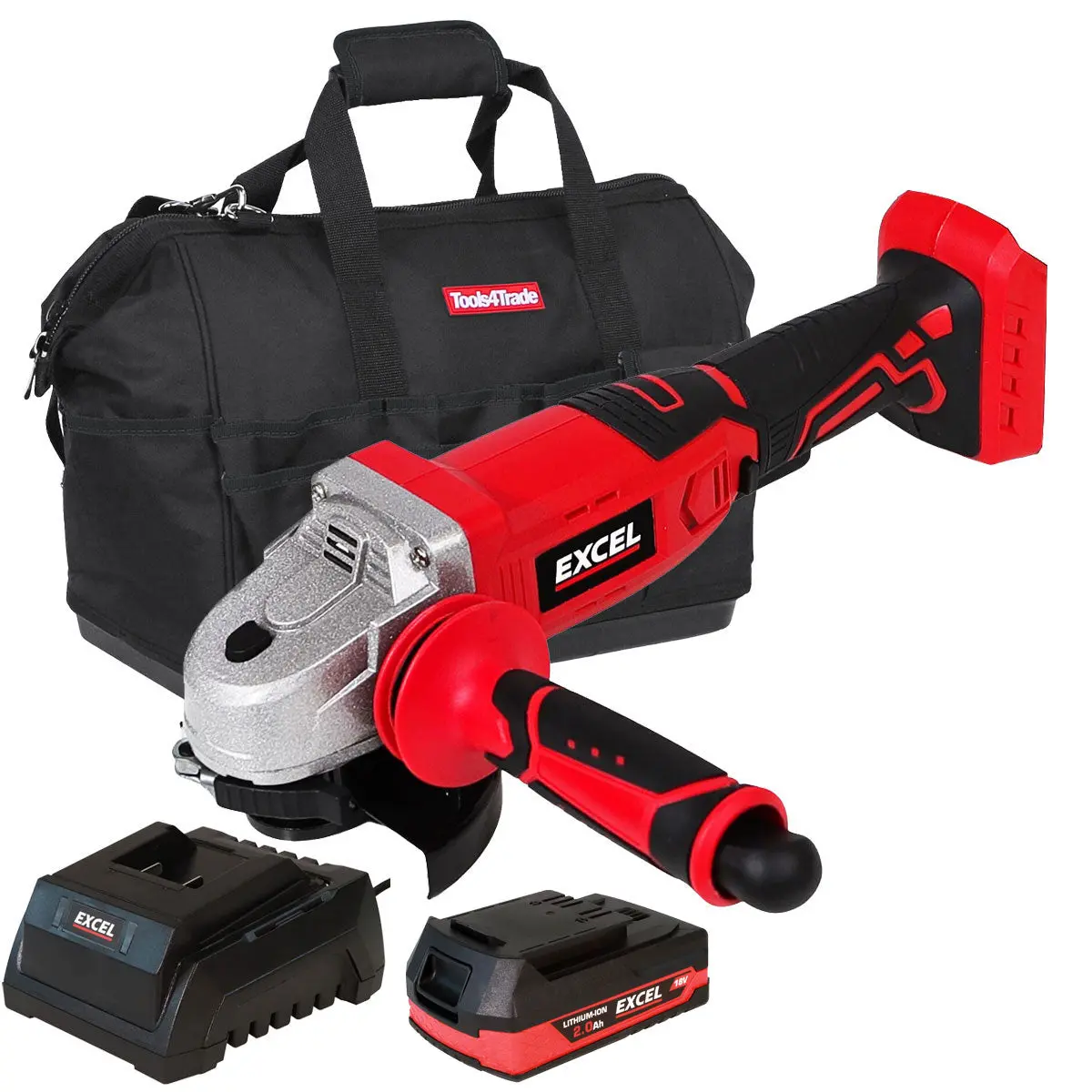 Excel 18V Cordless Angle Grinder 115Mm With 1 X 2.0Ah Battery Charger & Bag 1