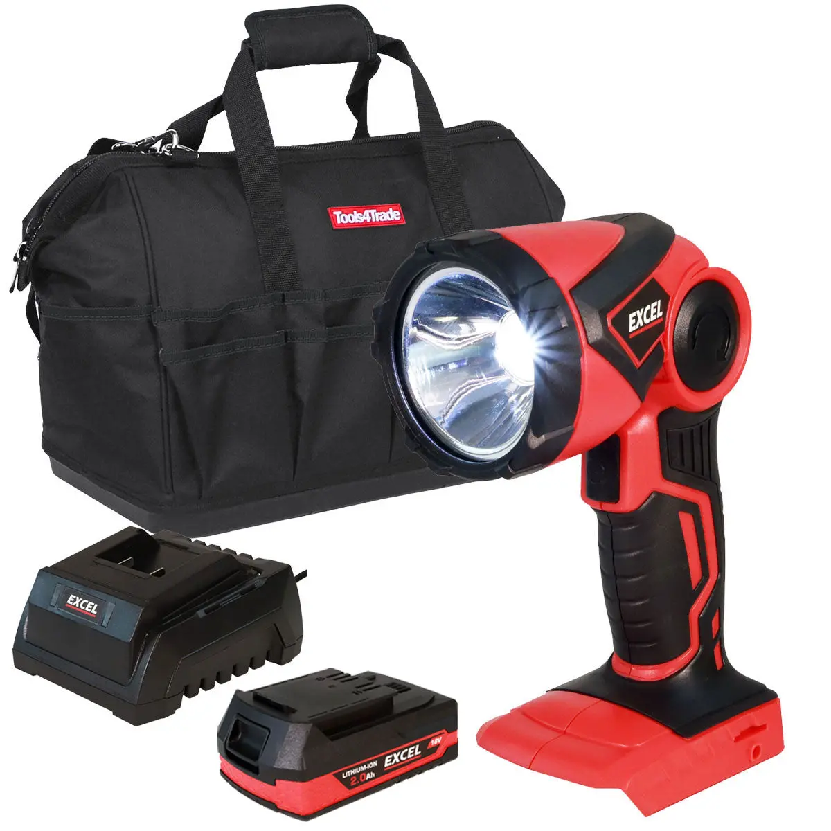Excel 18V Cordless Led Flashlight Torch With 1 X 2.0Ah Battery Charger & 18" Bag 1