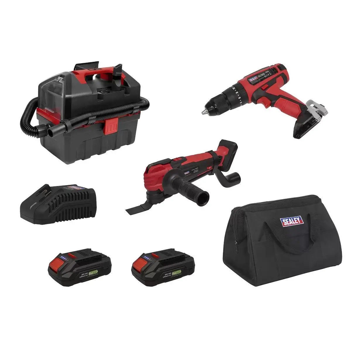Sealey Cp20vcombo5eu 20V Cordless 3 X Power Tool Vac Kit Euro Plug With 2 Batteries & Charges 1