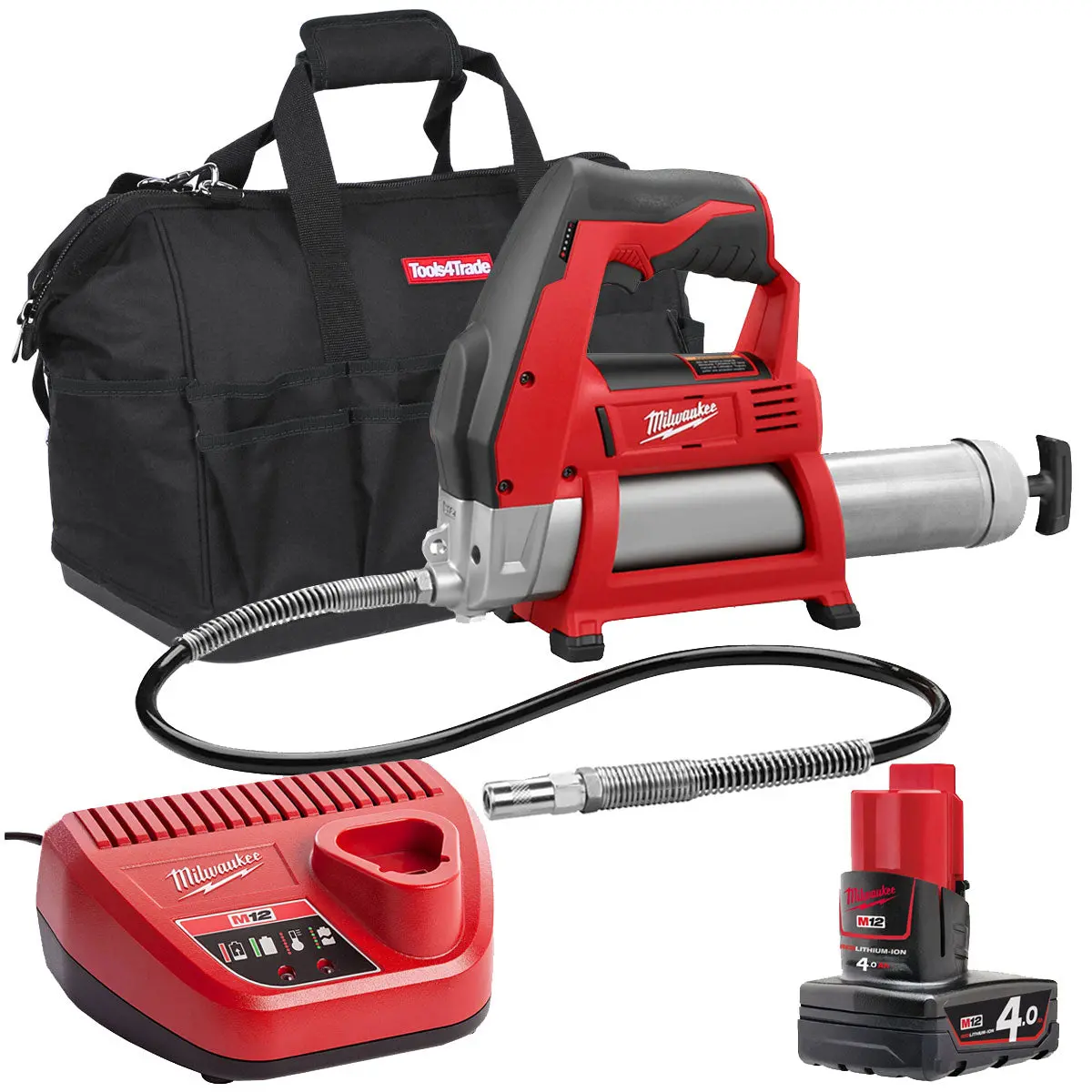 Milwaukee M12gg-0 12V Cordless Grease Gun With 1 X 4.0Ah Battery & Charger In Bag 1