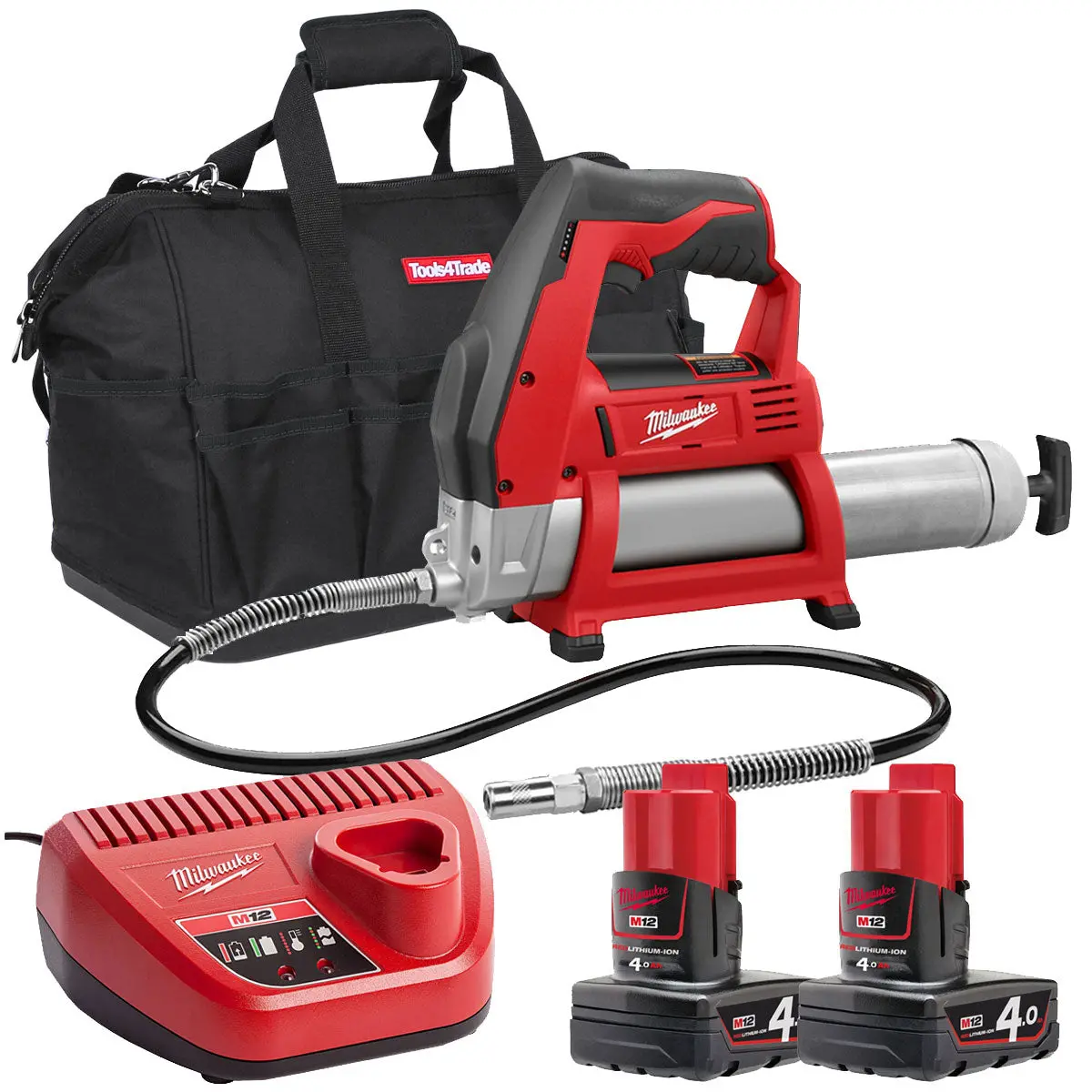 Milwaukee M12gg-0 12V Cordless Grease Gun With 2 X 4.0Ah Batteries & Charger In Bag 1
