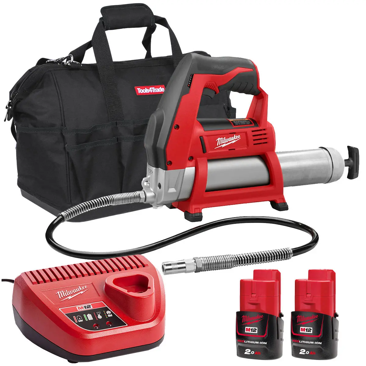 Milwaukee M12gg-0 12V Cordless Grease Gun With 2 X 2.0Ah Batteries & Charger In Bag 1