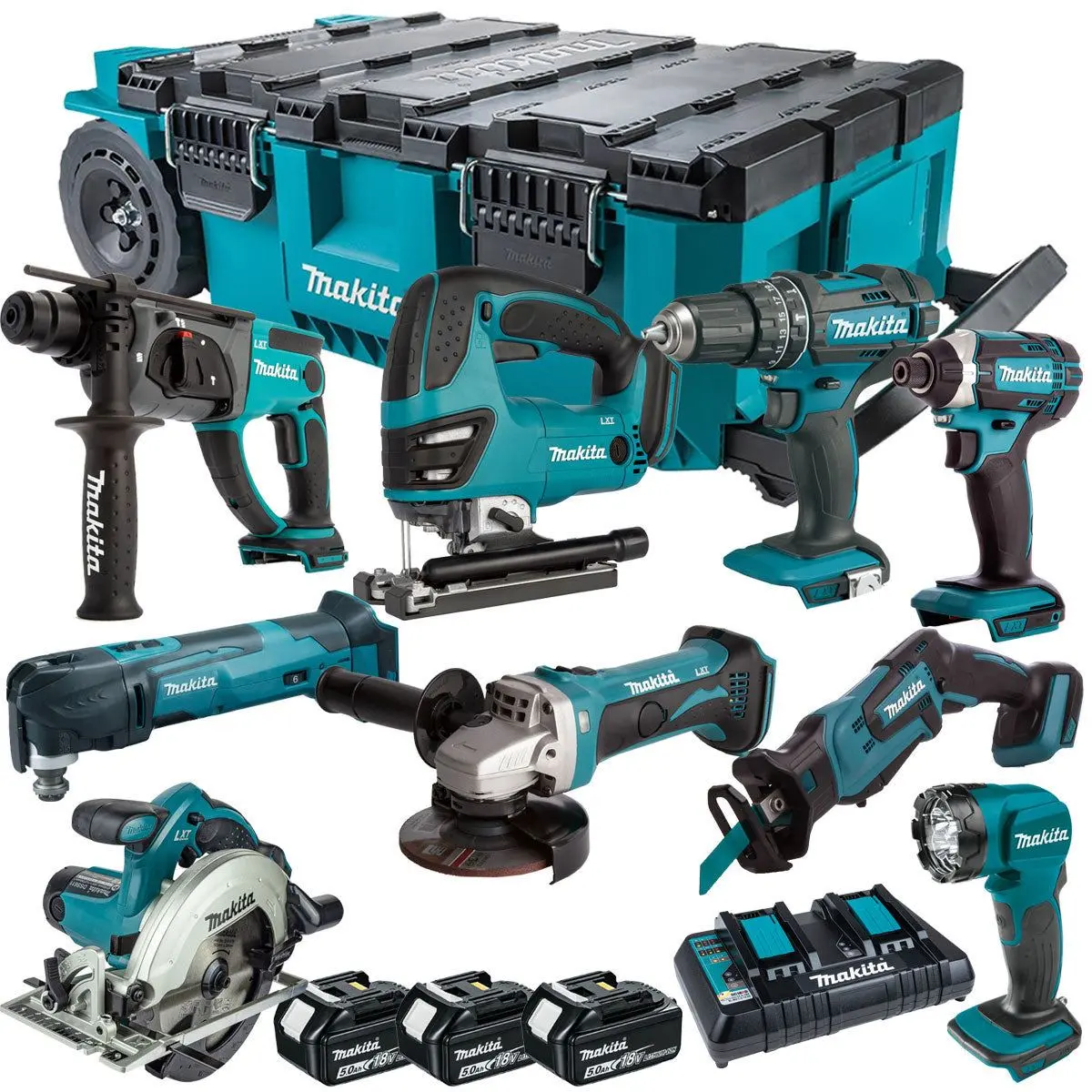 Makita 18V 9 Piece Combo Kit With 3 X 5.0Ah Batteries & Maktrak Trolley Toolbox 1