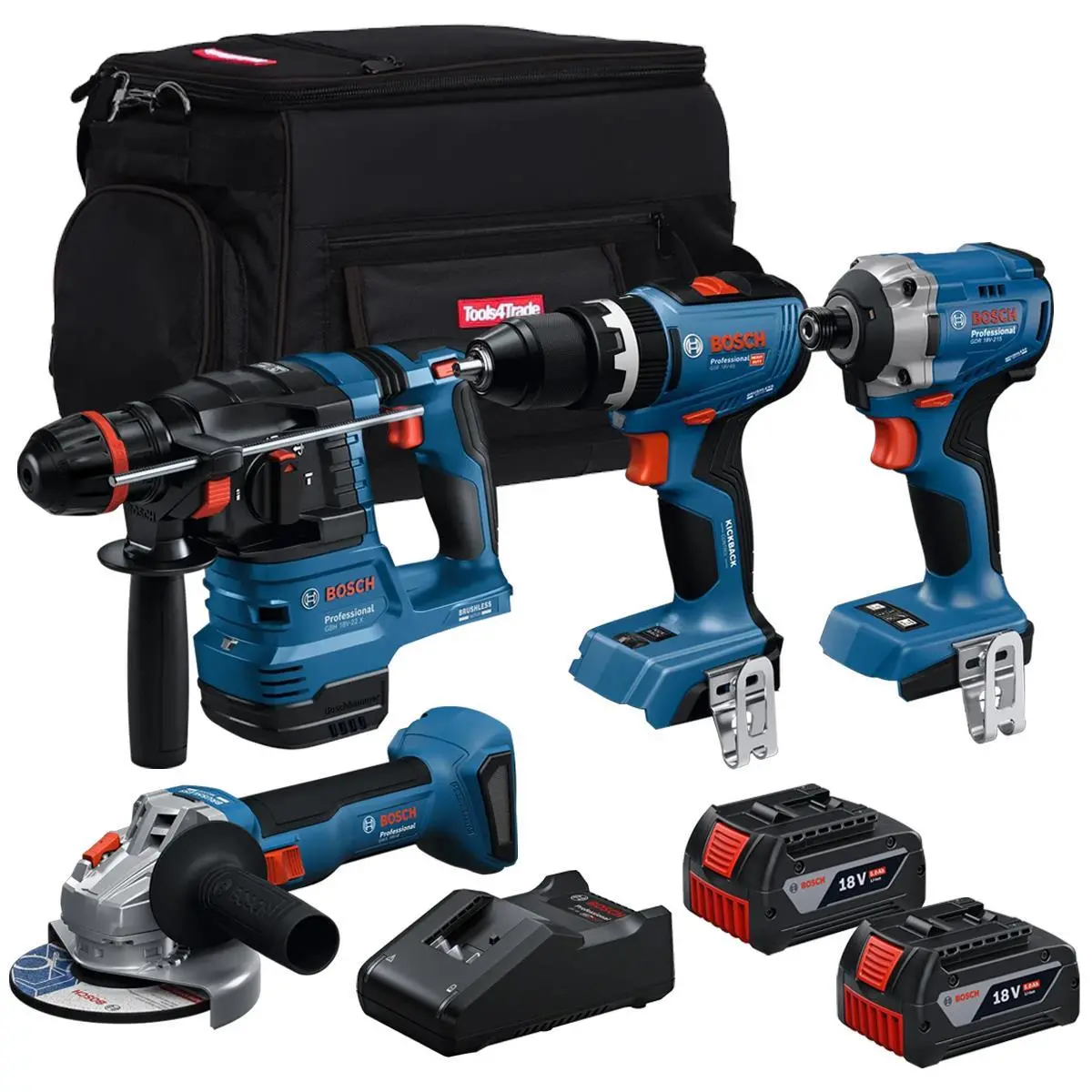 Bosch 18V 4 Piece Brushless Combo Tool Kit With 2 X 5.0Ah Batteries & Charger T4tkit-28125 1
