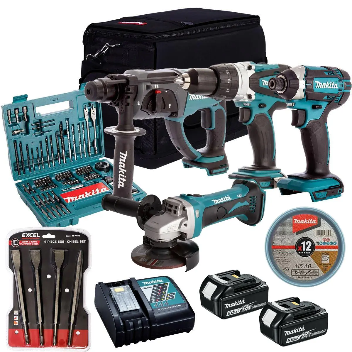 Makita 18V 4 Piece Combo Kit With 2 X 5.0Ah Battery Charger & Accessories Set T4tkit-17212 1