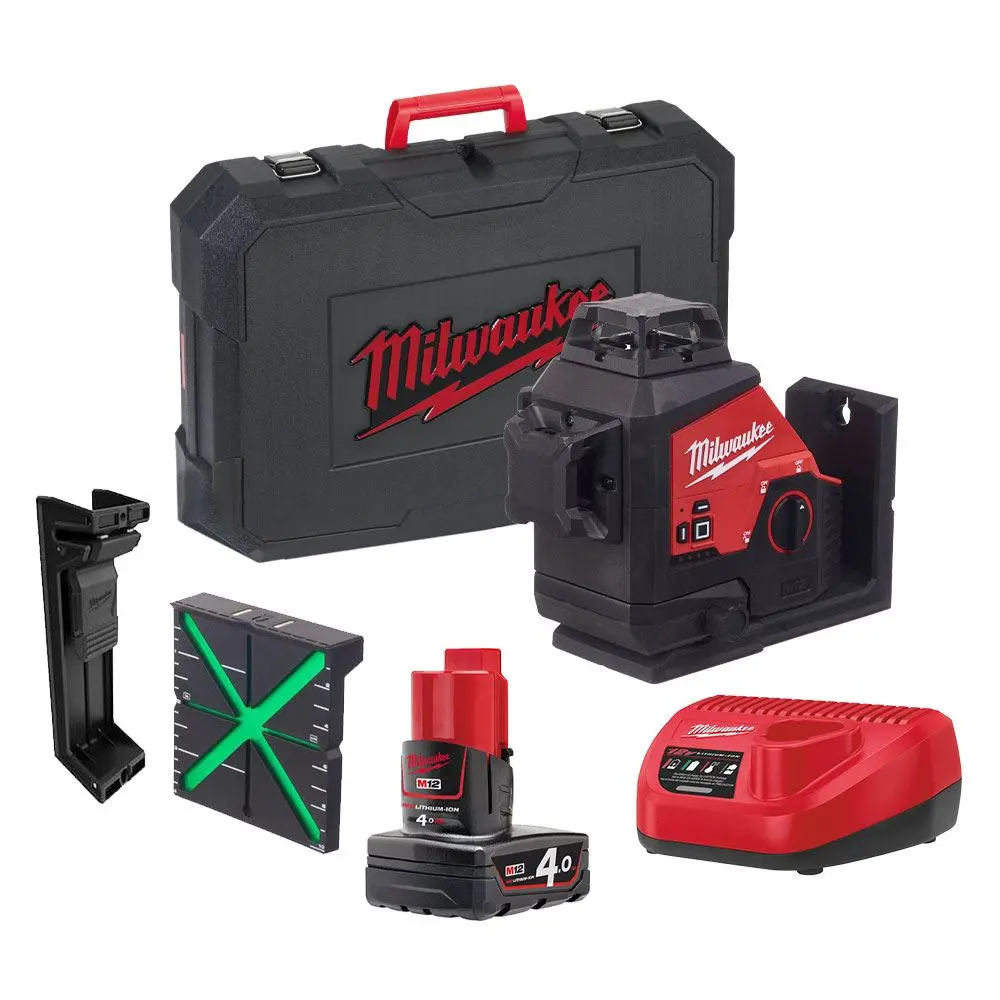 Milwaukee M123pl-401C 12V Green 360° 3 Plane Laser With 1 X 4.0Ah Battery, Charger & Case 1