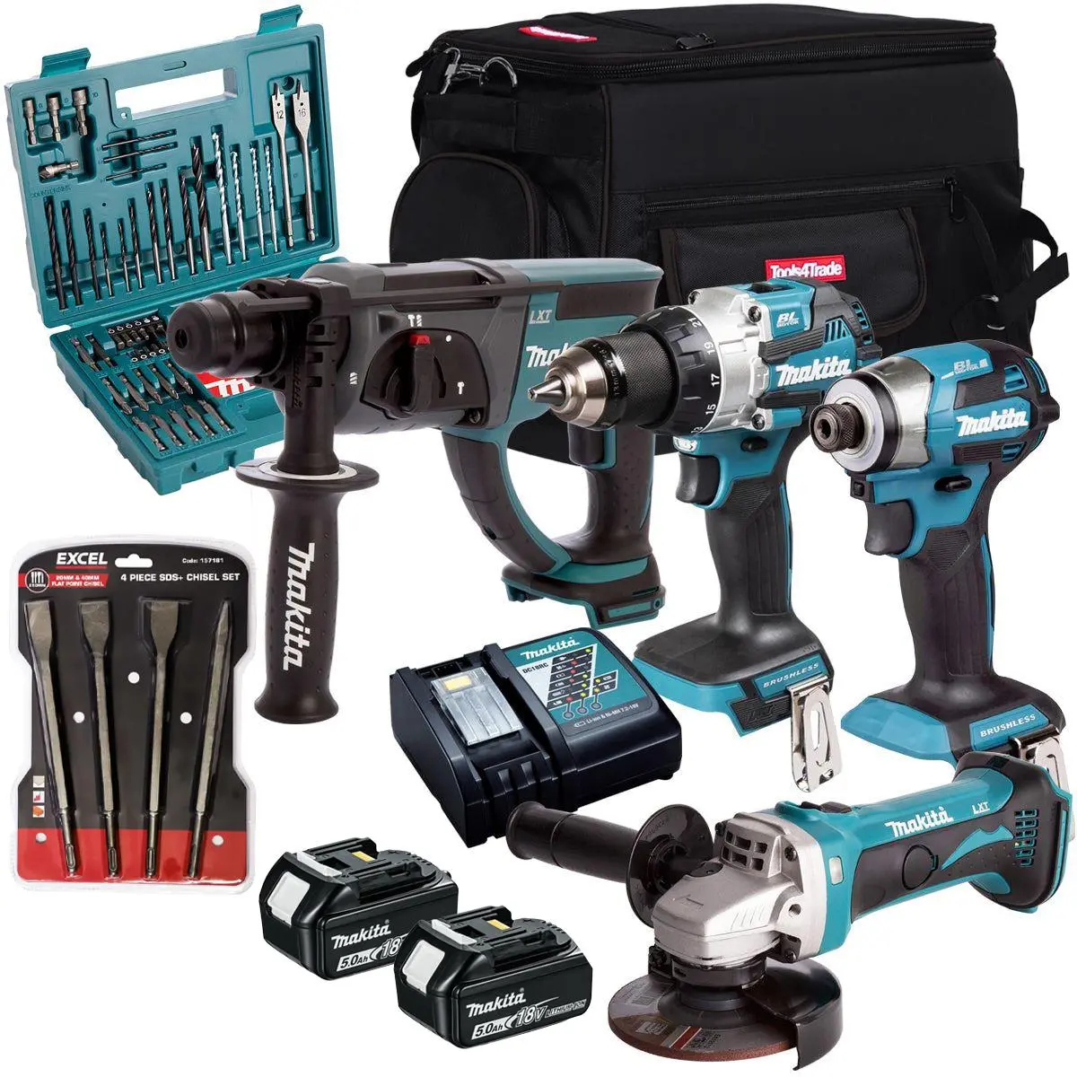 Makita 18V 4 Piece Combo Kit With 2 X 5.0Ah Battery Charger & Accessories Set T4tkit-17236 1