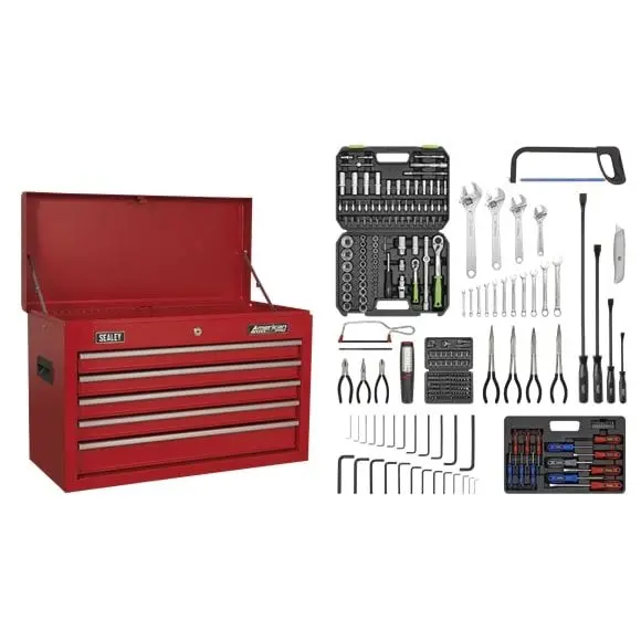 Sealey Ap225combo Top Chest 5 Drawer With Ball Bearing Slides Red 230Pc Tool Kit 1