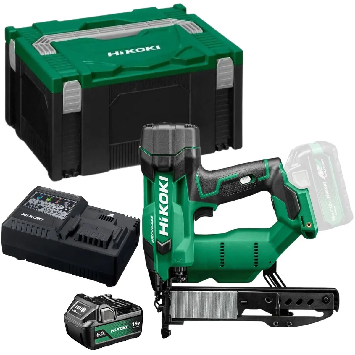 Hikoki N1804daw6z 18V Brushless 2Nd Generation 18G Narrow Crown Stapler With 1 X 5.0Ah Battery Charger & Case 1