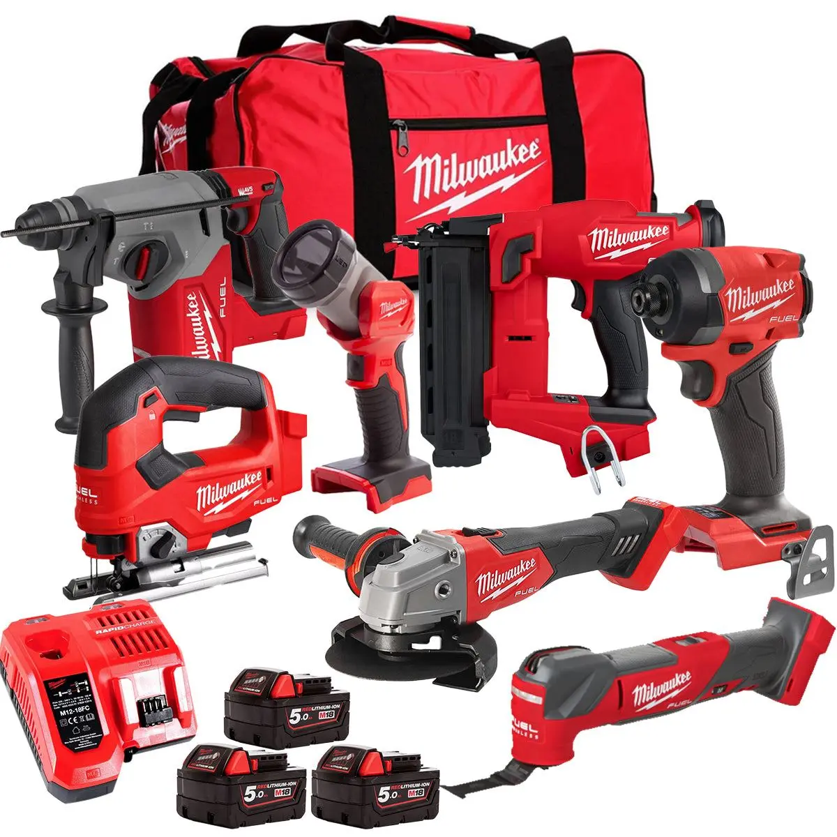 Milwaukee M18fpp6l3-503Bk27 18V Brushless 7 Piece Tool Kit With 3 X 5.0Ah Batteries Charger & Wheeled Bag 1