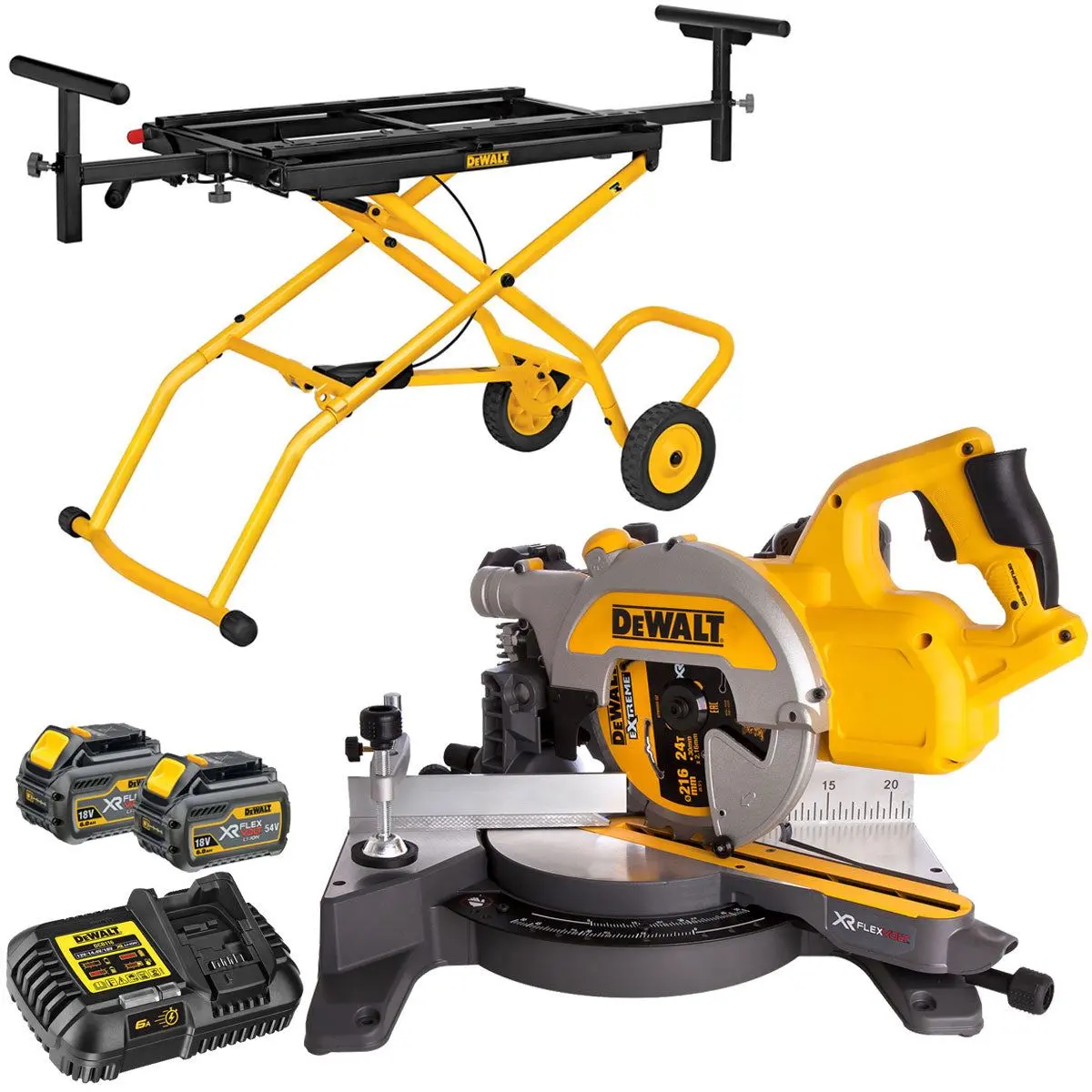 Dewalt Dcs777t2 54V Brushless 216Mm Mitre Saw 2 X 6.0Ah Battery Charger & Rolling Stand 1