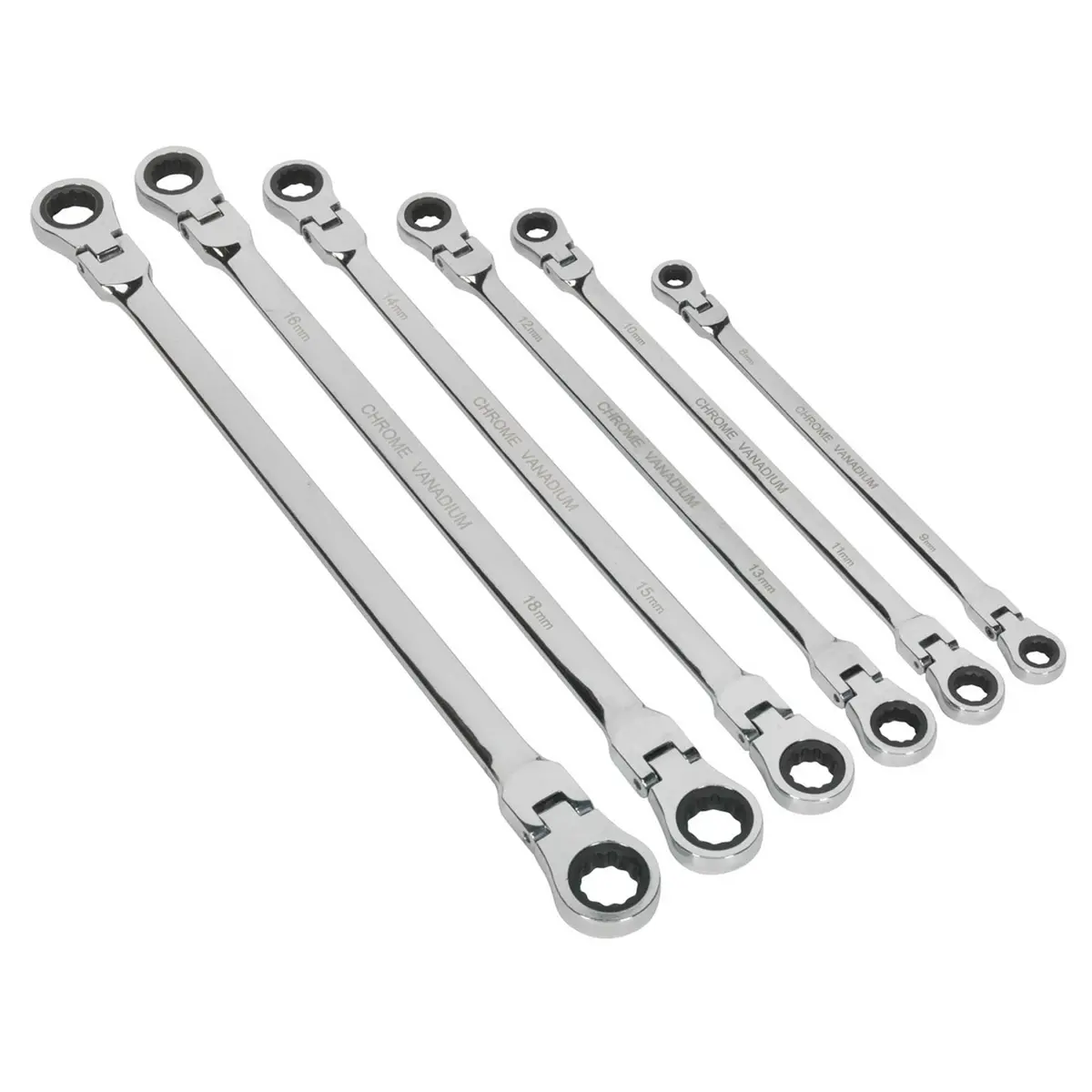 Sealey Ak63832 Flexi-Head Double End Ratchet Ring Spanner Set 6Pc Extra-Long Metric 1