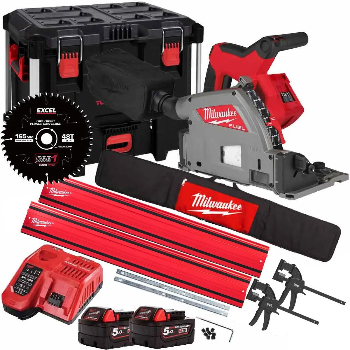 Milwaukee M18fps55-0P 18V 165Mm Fuel Brushless Plunge Saw + 2 X 5.0Ah Battery With Blade & Guide Rail Kit 1