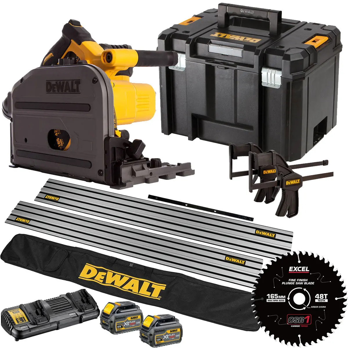 Dewalt Dcs520t2 54V Flexvolt Brushless 165Mm Plunge Saw 2 X 6.0Ah Battery Dual Port Charger Case, Accessories With Blade 1
