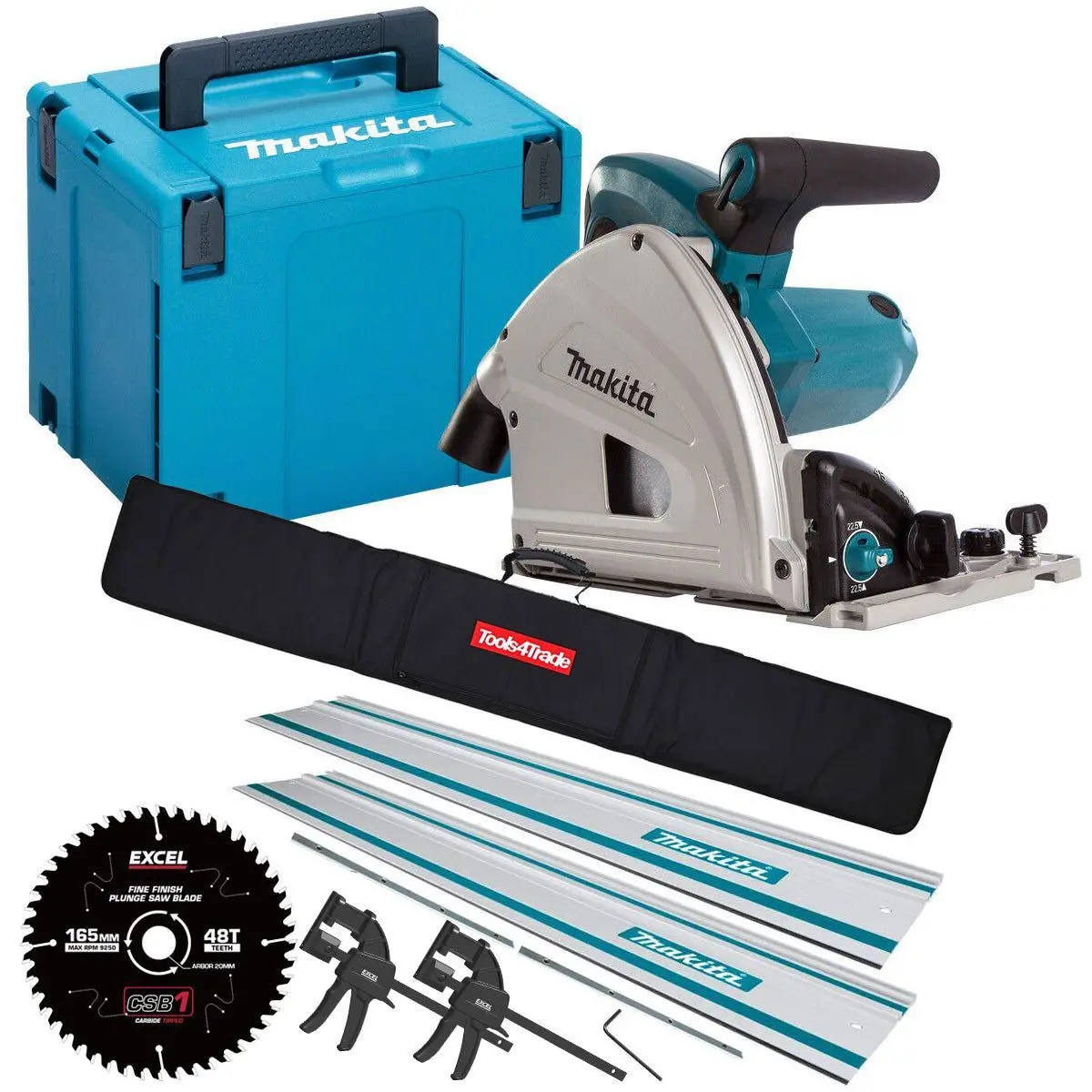 Makita Sp6000j2 240V 165Mm Plunge Saw In Case + 2 X Guide Rail Connector Bar With Blade & Clamp 1