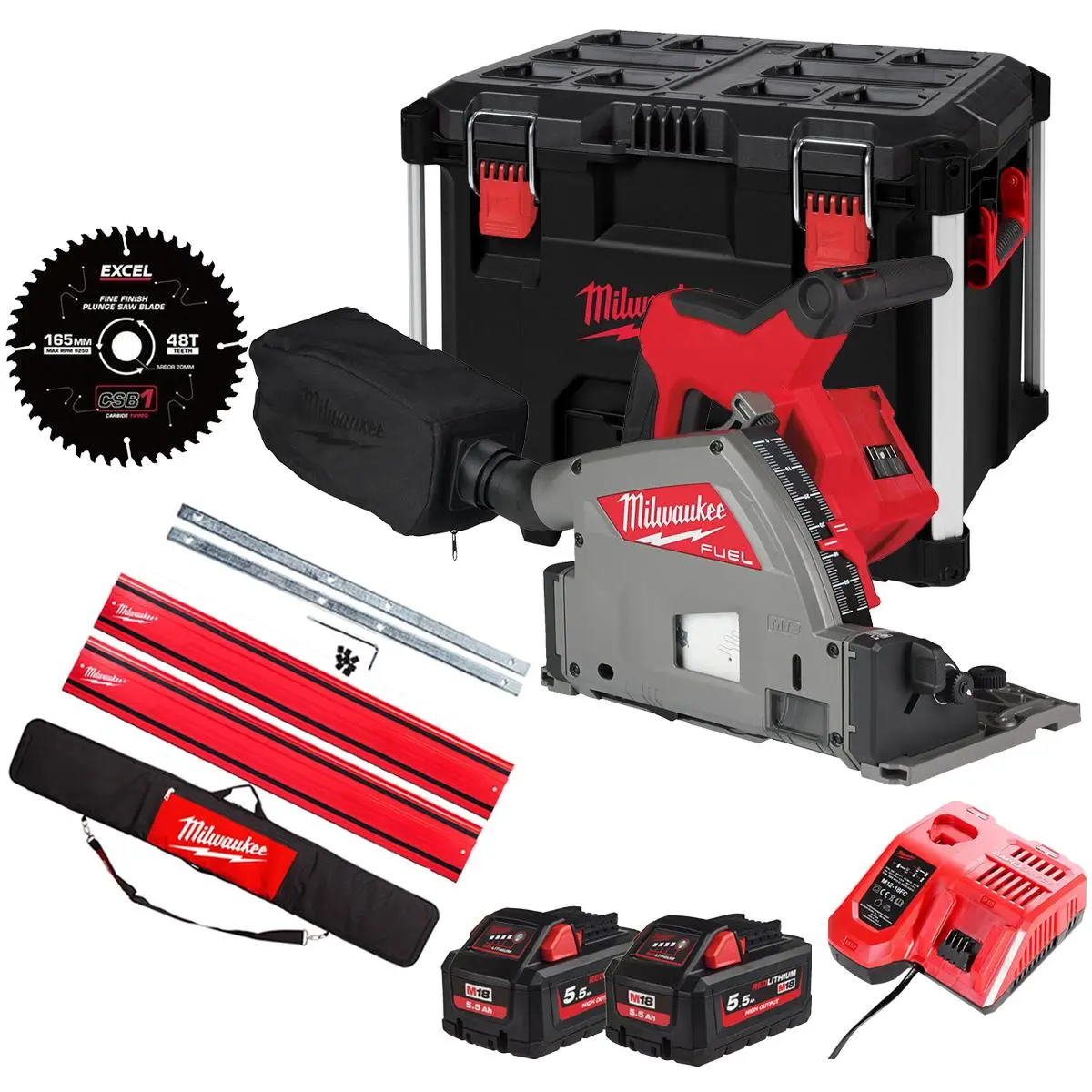 Milwaukee M18fps55-552Peb 18V 165Mm Fuel Brushless Plunge Saw With 2 X 5.5Ah Battery With Blade & Guide Rail Kit 1