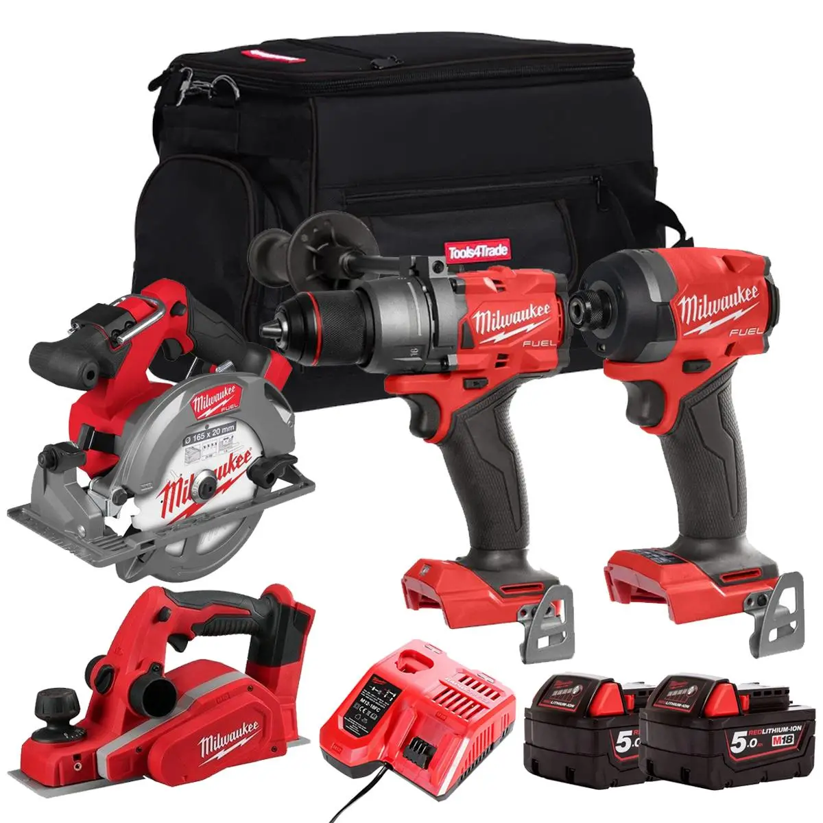 Milwaukee M18fpp17z-502B 18V 4 Piece Power Tool Kit With 2 X 5.0Ah Batteries Charger & Bag 1