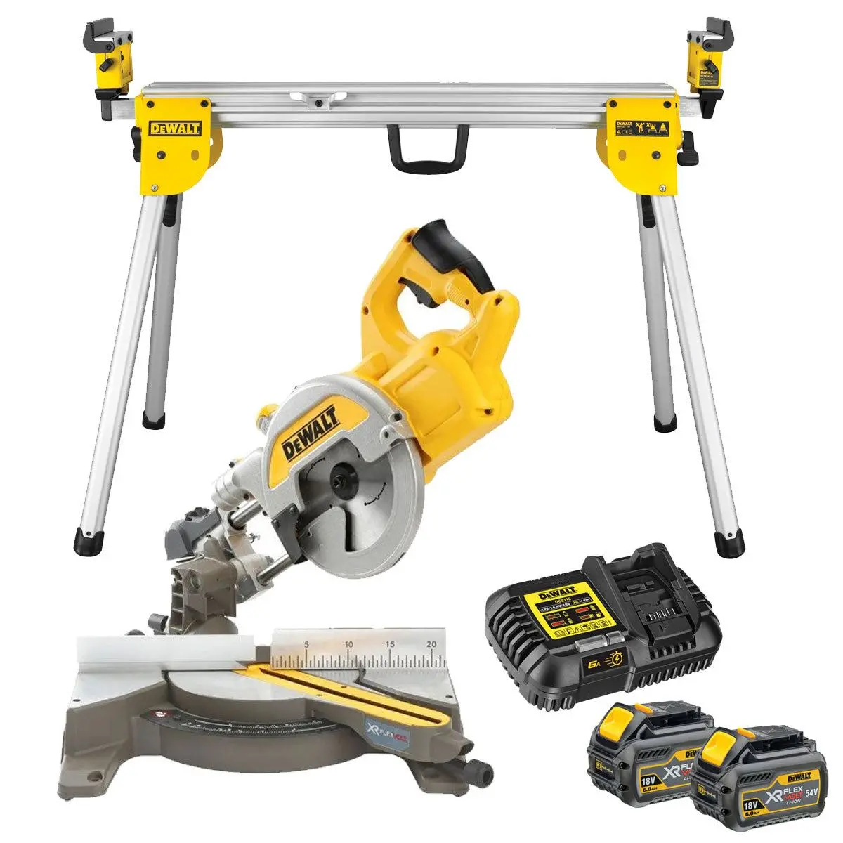 Dewalt Dcs777t2 54V Flexvolt Brushless 216Mm Mitre Saw With 2 X 6.0Ah Batteries, Charger & De7033 Leg Stand 1