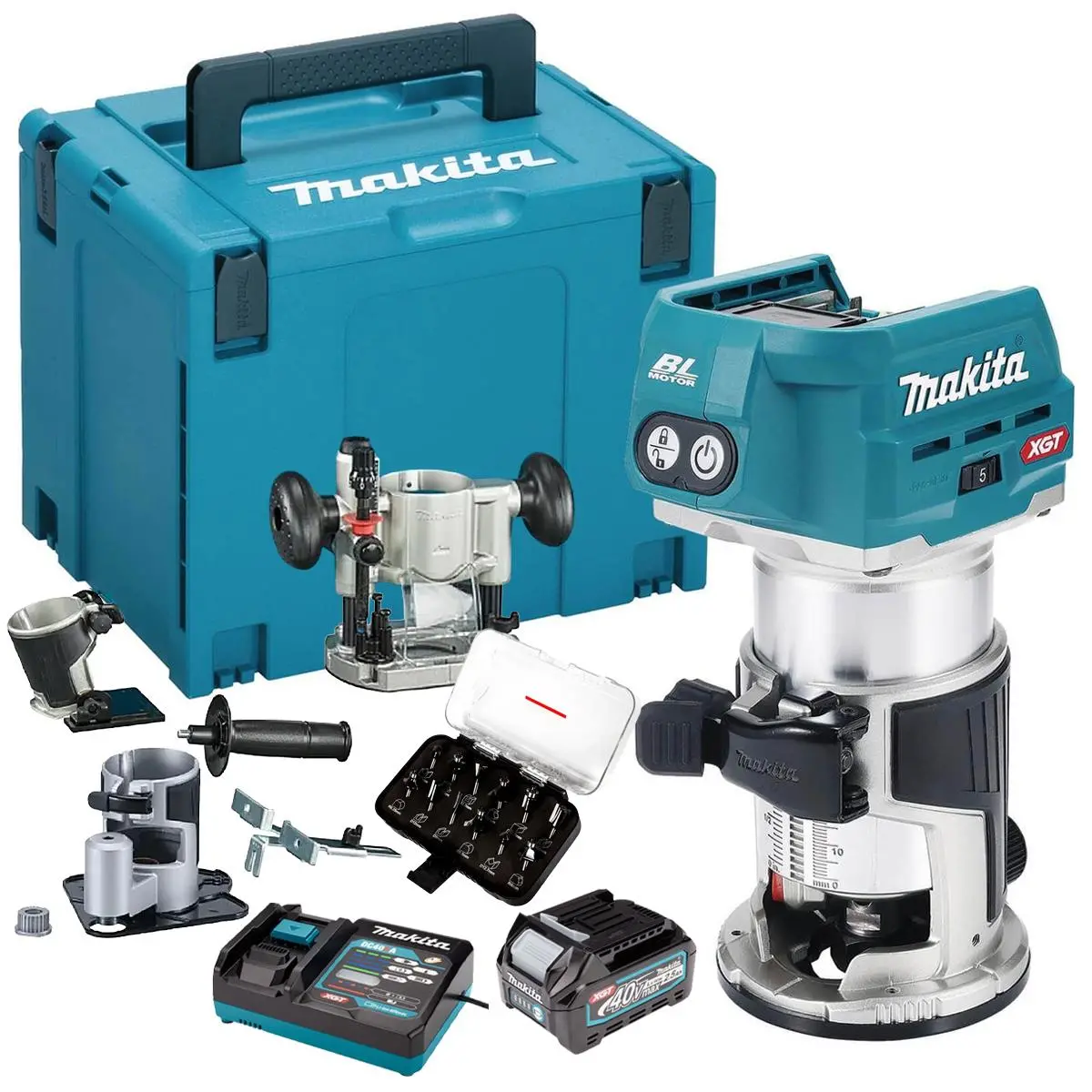 Makita Rt001gz16 40Vmax Xgt Brushless Router Trimmer With 1 X 2.5Ah Battery Charger & 12 Piece Cutter Set 1