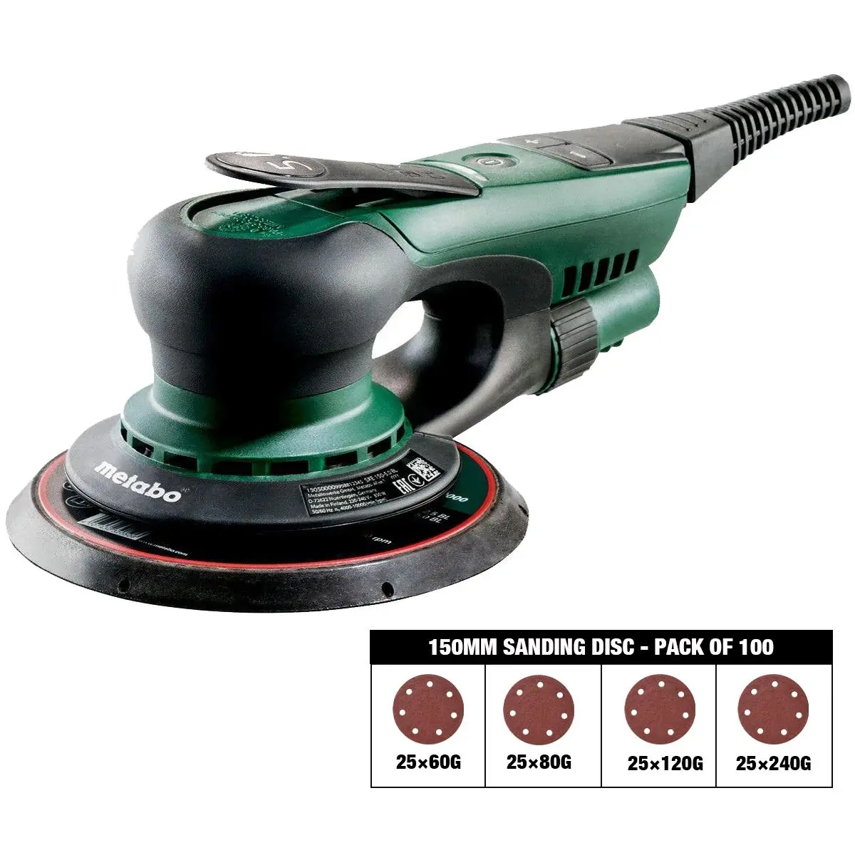 Metabo Sxe 150-5.0 Bl 150Mm Brushless Random Orbital Sander 240V 615050380 With Sanding Disc 60G, 80G, 120G, 240G Pack Of 100 1