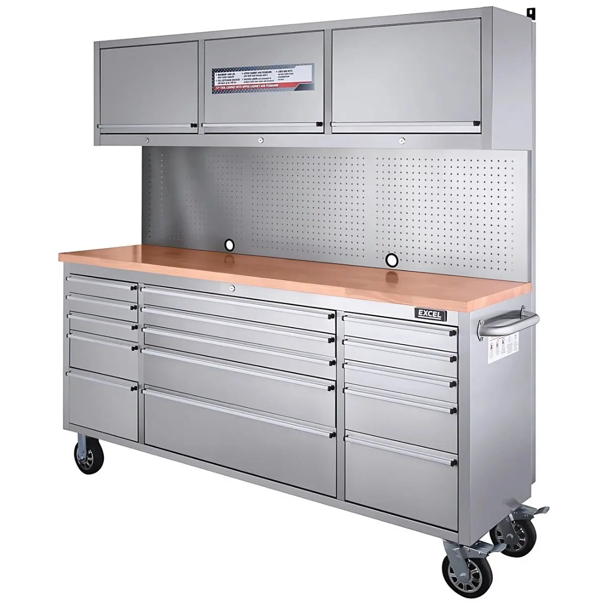 Excel 72" 15 Drawer Stainless Steel Tool Chest With 3 Overhead Cabinets 1