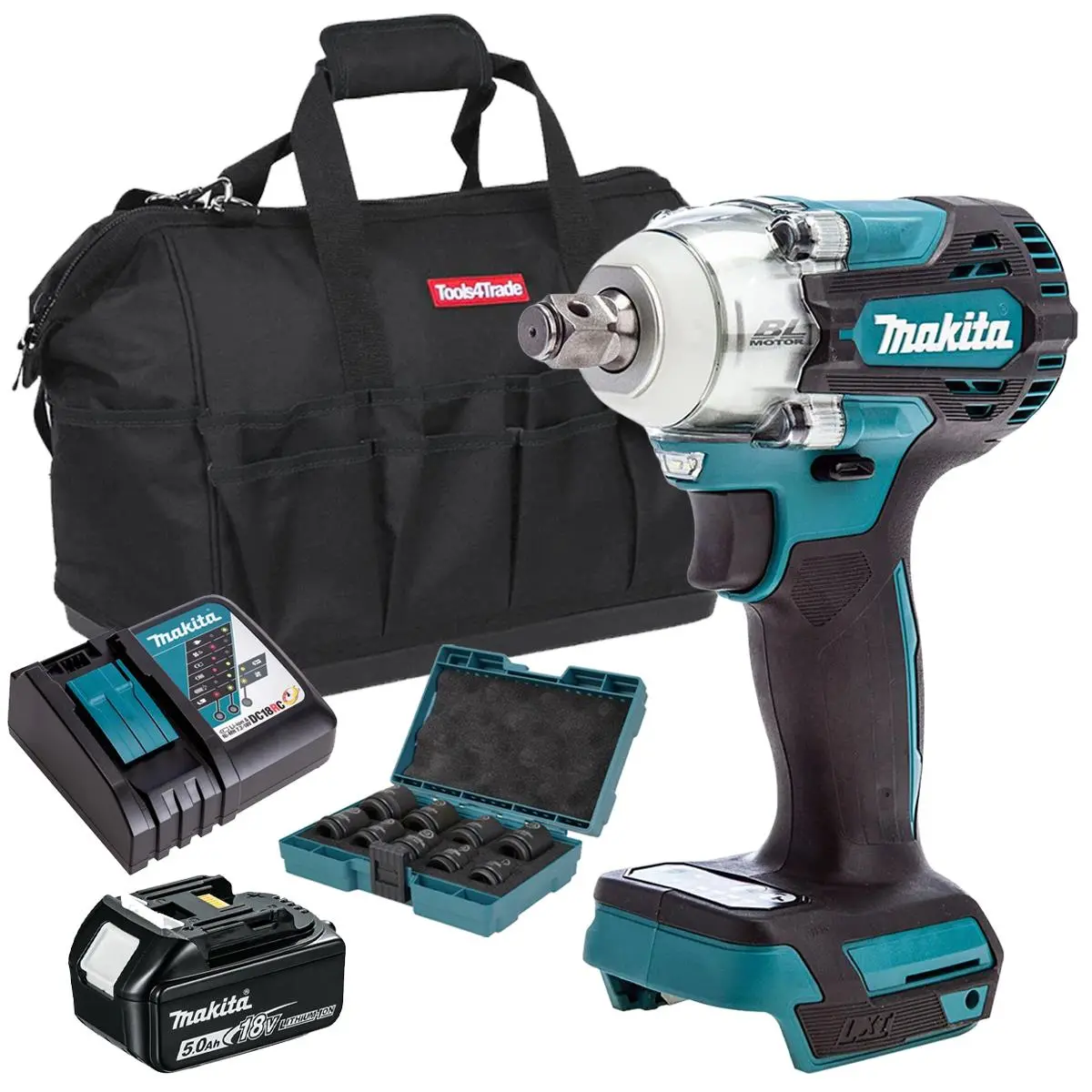 Makita Dtw300z 18V Brushless Impact Wrench With 1 X 5.0Ah Battery Charger & 9 Piece Socket Set 1