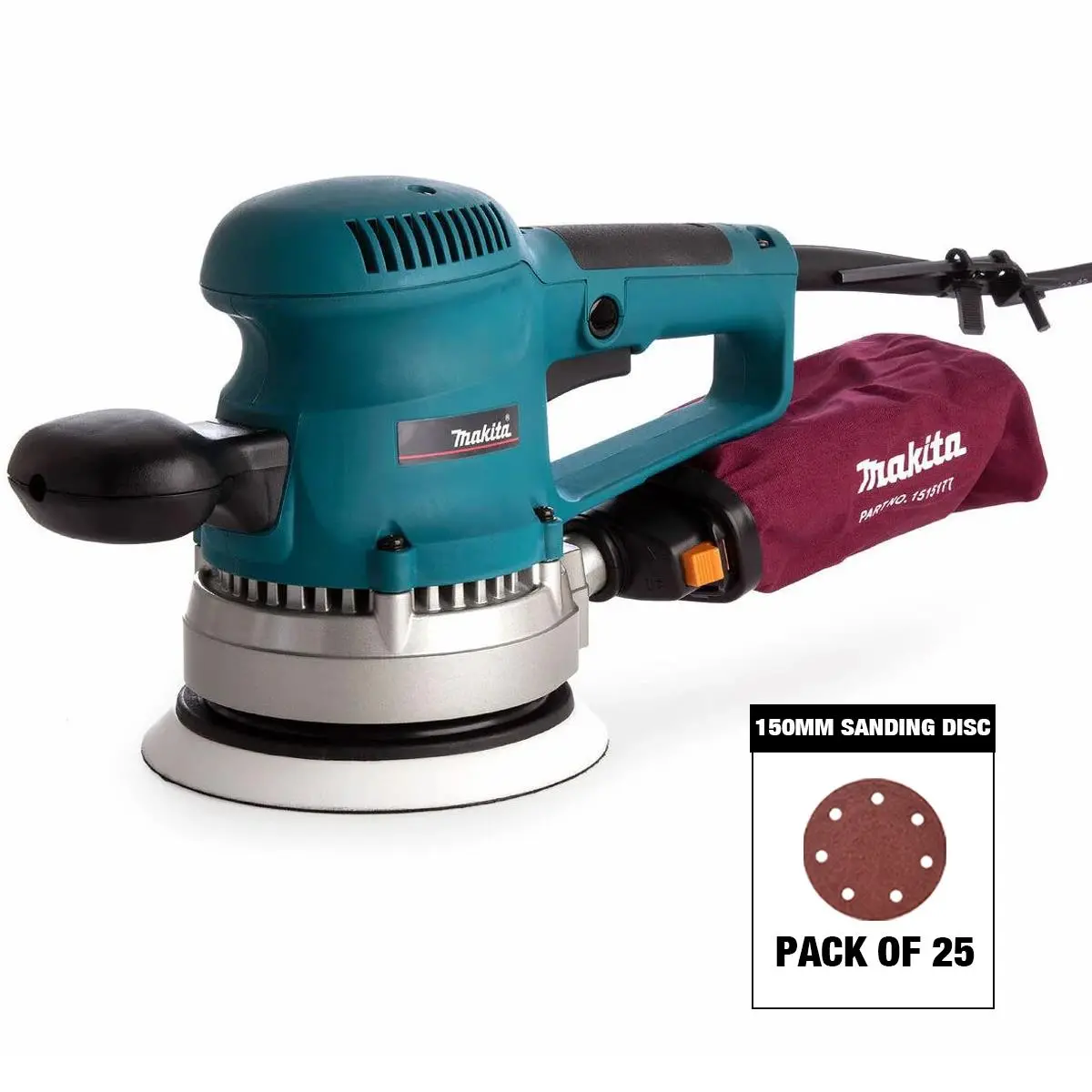 Makita Bo6030/2 150Mm Corded Random Orbit Sander & Dust Bag 240V With Sanding Disc Mix Grit Pack Of 25 1