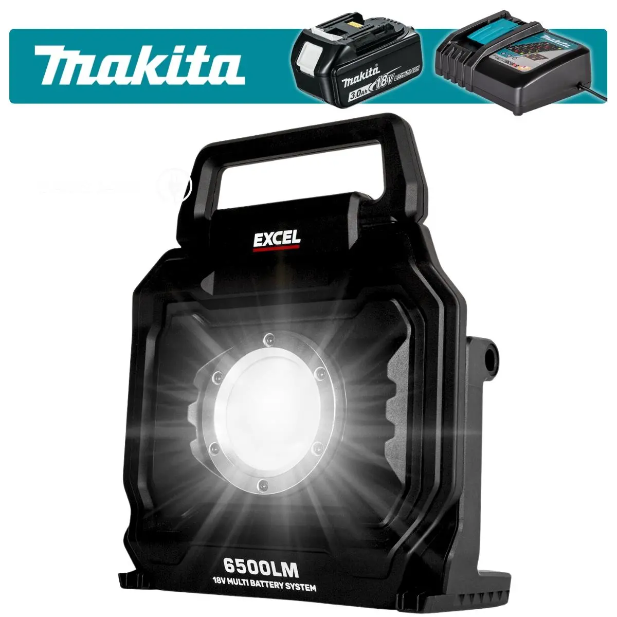 Excel 18V/240V Led Work Light 6500 Lumens With Makita 1 X 3.0Ah Battery & Charger 1