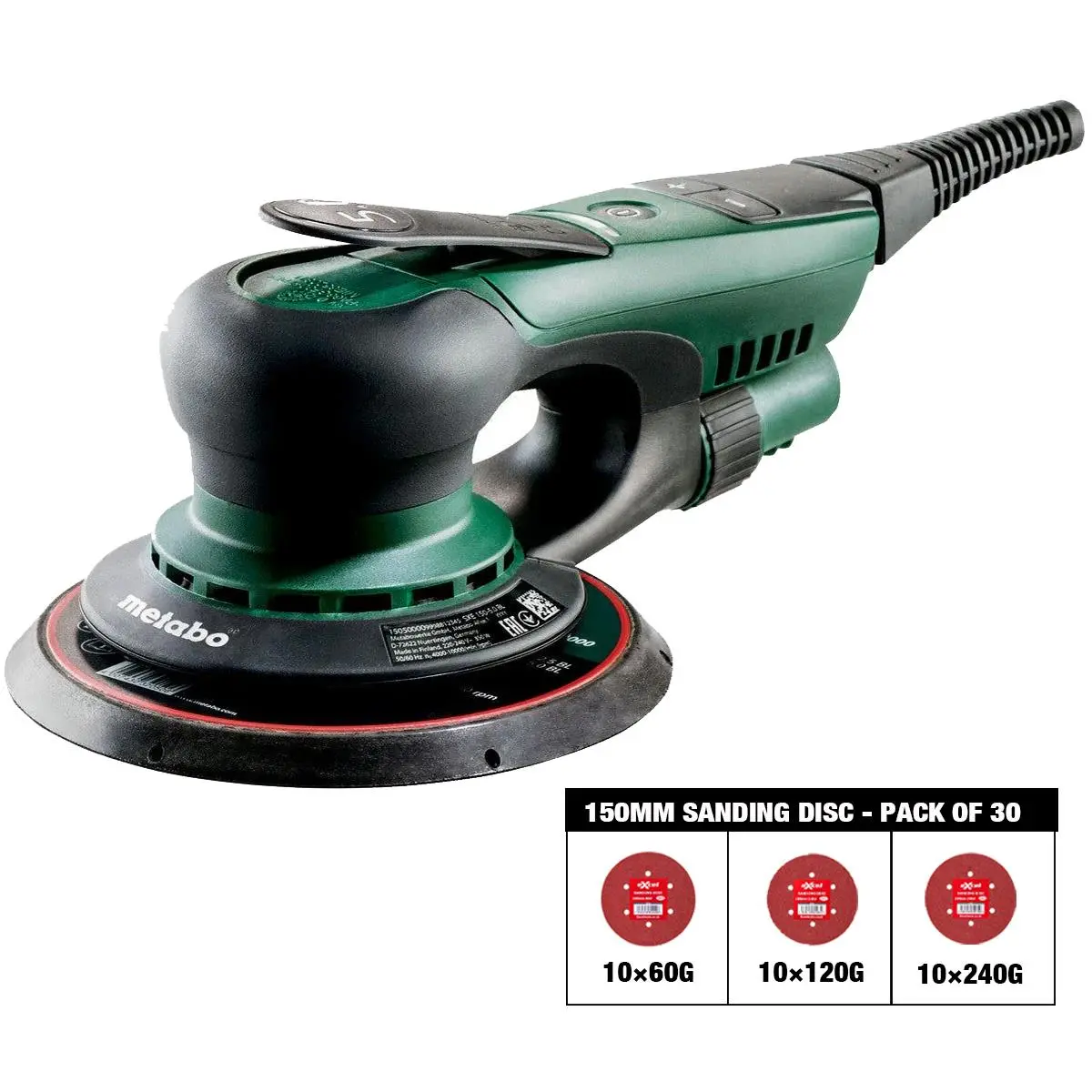 Metabo Sxe 150-5.0 Bl 150Mm Brushless Random Orbital Sander 240V 615050380 With Sanding Disc 60G, 120G, 240G Pack Of 30 1