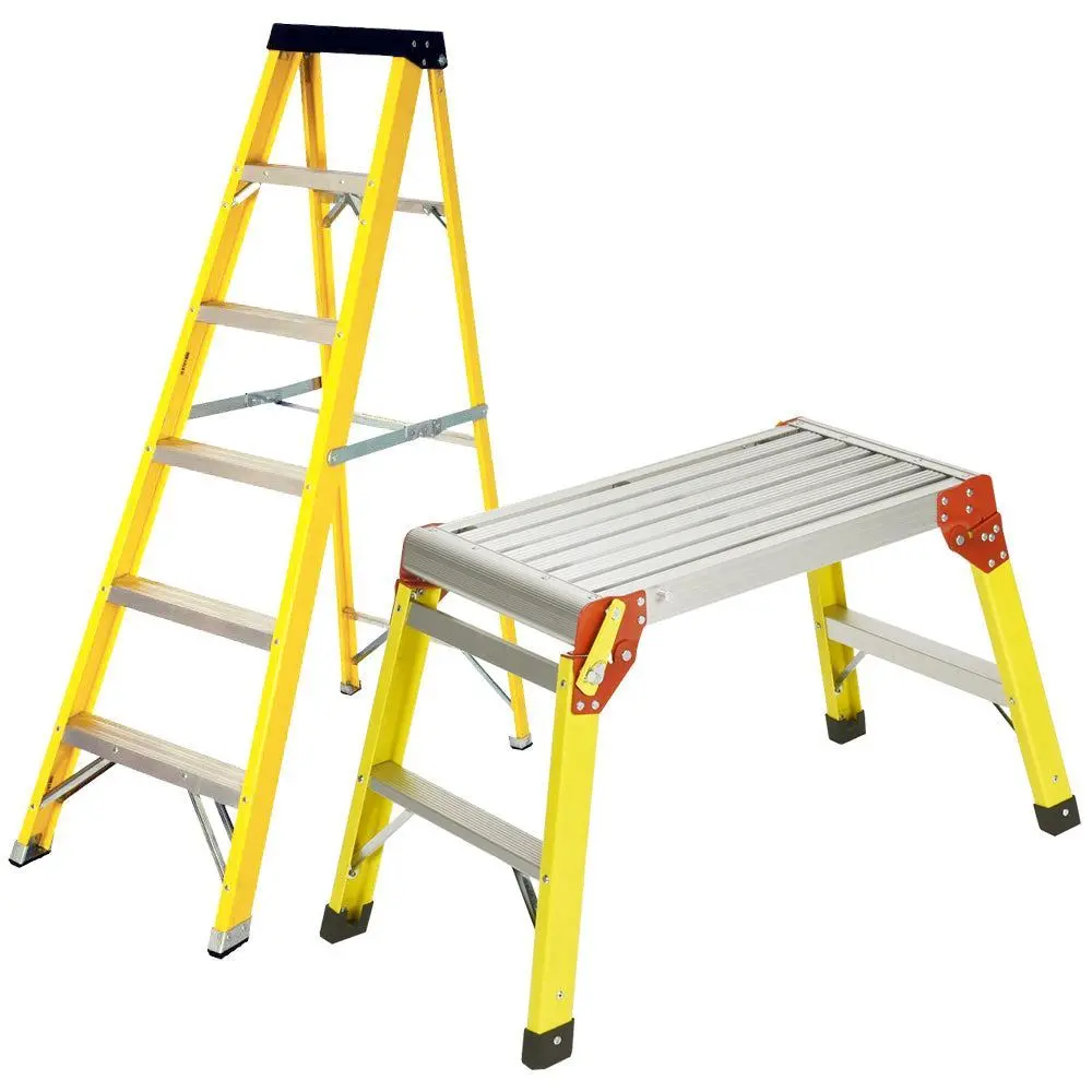 Excel Heavy Duty Fiberglass 6 Tread Ladder With Folding Hop Up 1