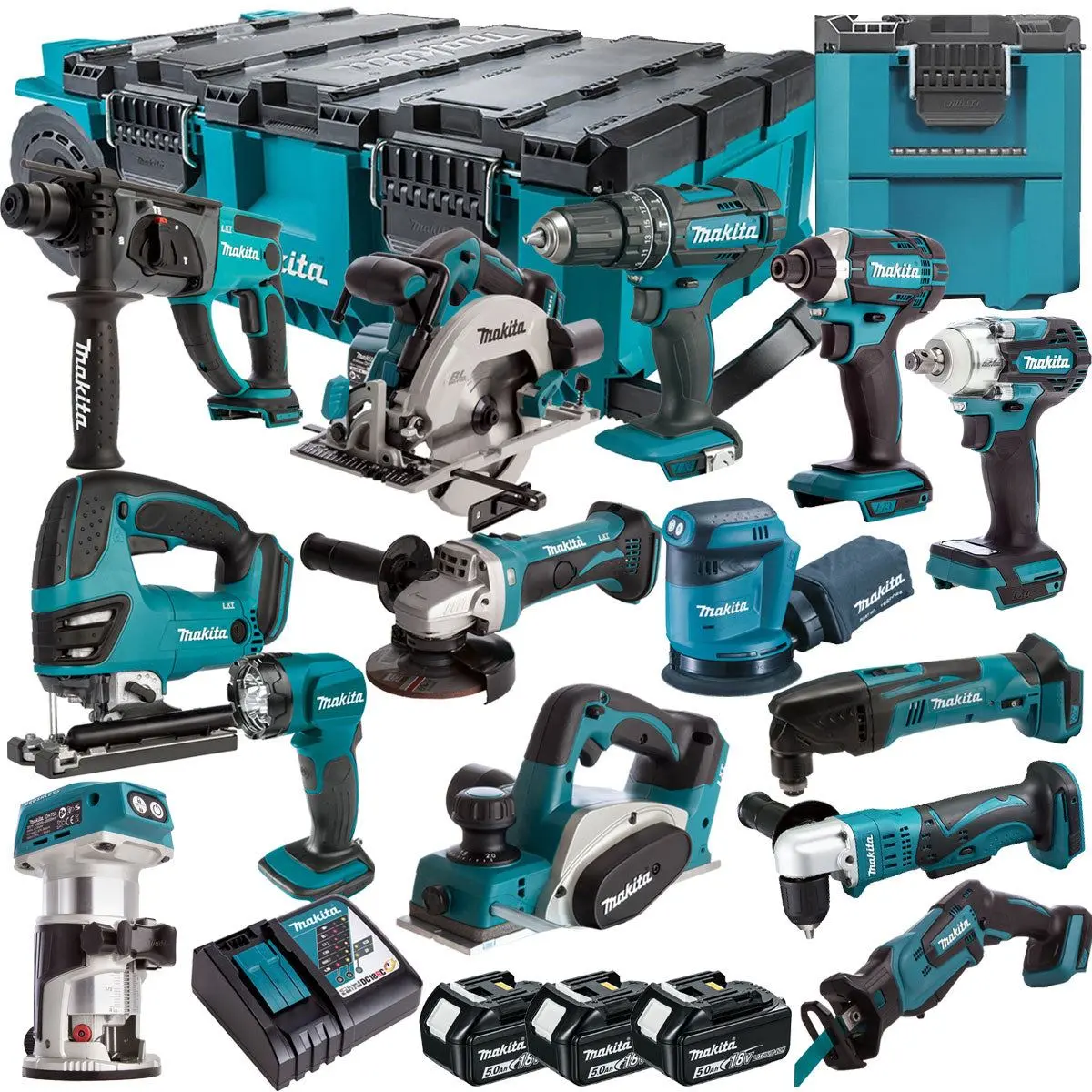 Makita 18V 14 Piece Combo Kit With 3 X 5.0Ah Batteries & Maktrak Trolley Toolbox 1