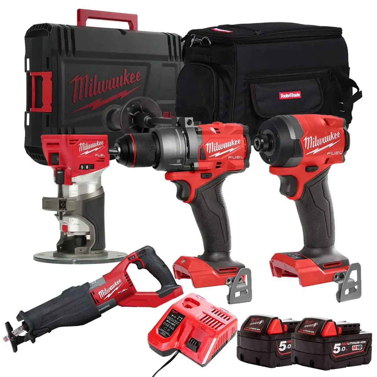 Milwaukee M18fpp18z-502B 18V 4 Piece Power Tool Kit With 2 X 5.0Ah Batteries Charger Case & Bag 1