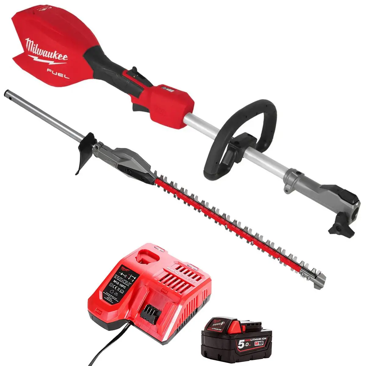 Milwaukee M18foph2-0 Fuel 18V Brushless Power Head With 1 X 5.0Ah Battery Charger & Hedge Trimmer Attachment 1