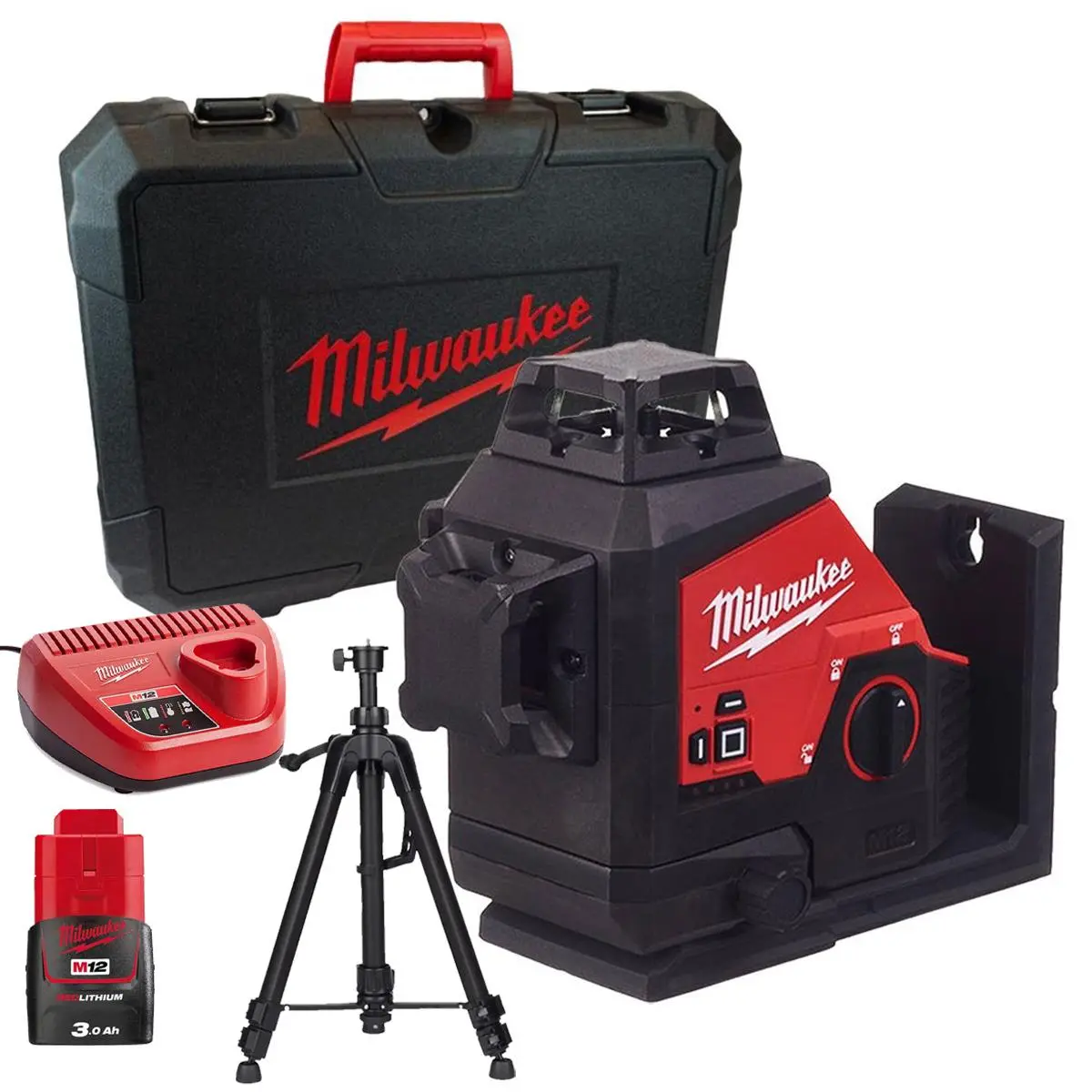 Milwaukee M123pl-0C 12V 360° 3-Plane Green Laser With 1 X 3.0Ah Battery Charger Case & Laser Tripod 1