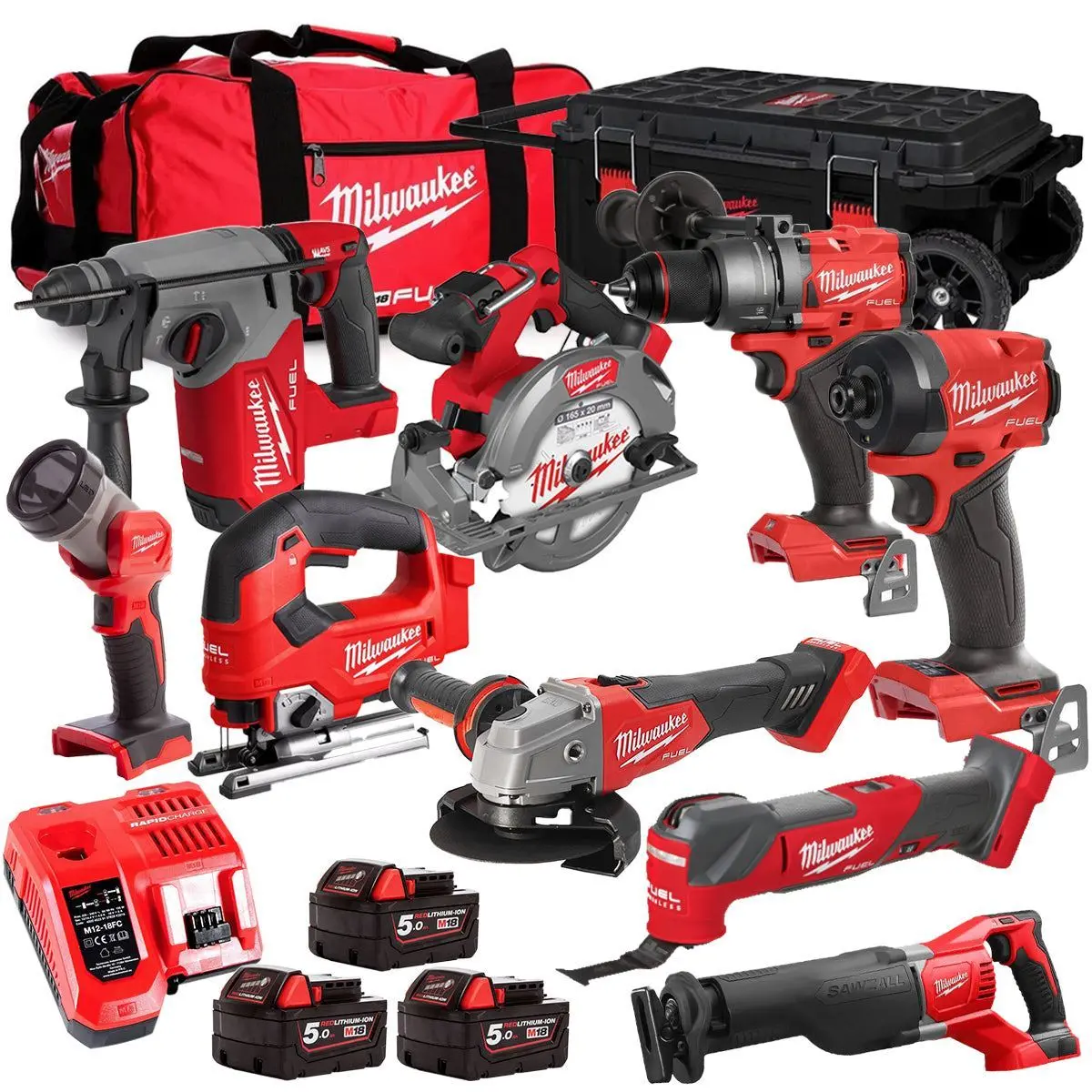 Milwaukee M18fpp6l3-503Bk23 18V 9 Piece Tool Kit With 3 X 5.0Ah Batteries Charger & Wheeled Bag 1