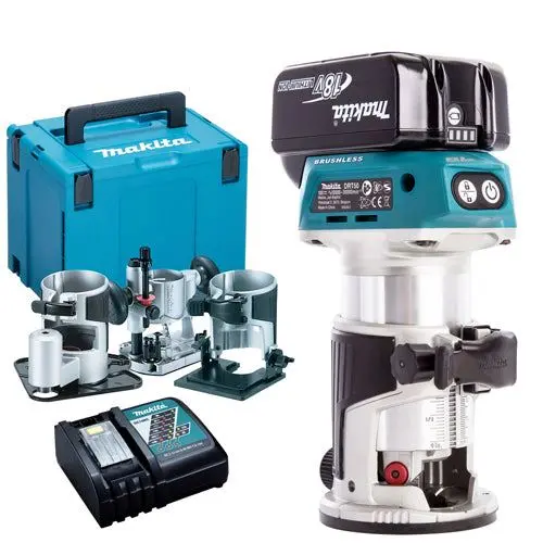 Makita Drt50zjx3 18V Brushless Router Trimmer With 1 X 5.0Ah Battery & Charger Extra Bases In Case 1