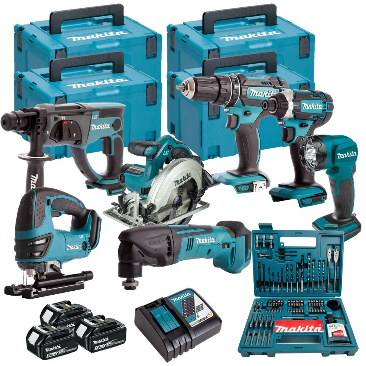 Makita 18V 7 Piece Power Tool Kit With 3 X 5.0Ah Battery Charger & 100 Piece Bit Set T4tkit-16452 1