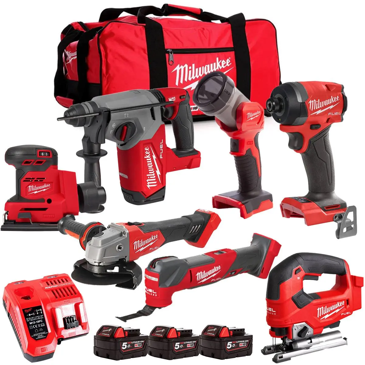 Milwaukee M18fpp6l3-503Bk6 18V Brushless 7 Piece Tool Kit With 3 X 5.0Ah Batteries Charger & Wheeled Bag 1