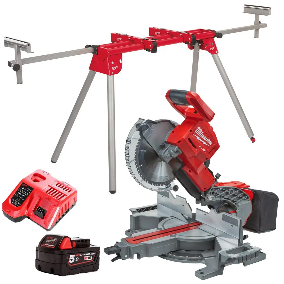 Milwaukee M18fms254-0 18V Fuel Brushless 254Mm Compound Mitre Saw With 1 X 5.0Ah Battery Charger & Extendable Saw Stand 1