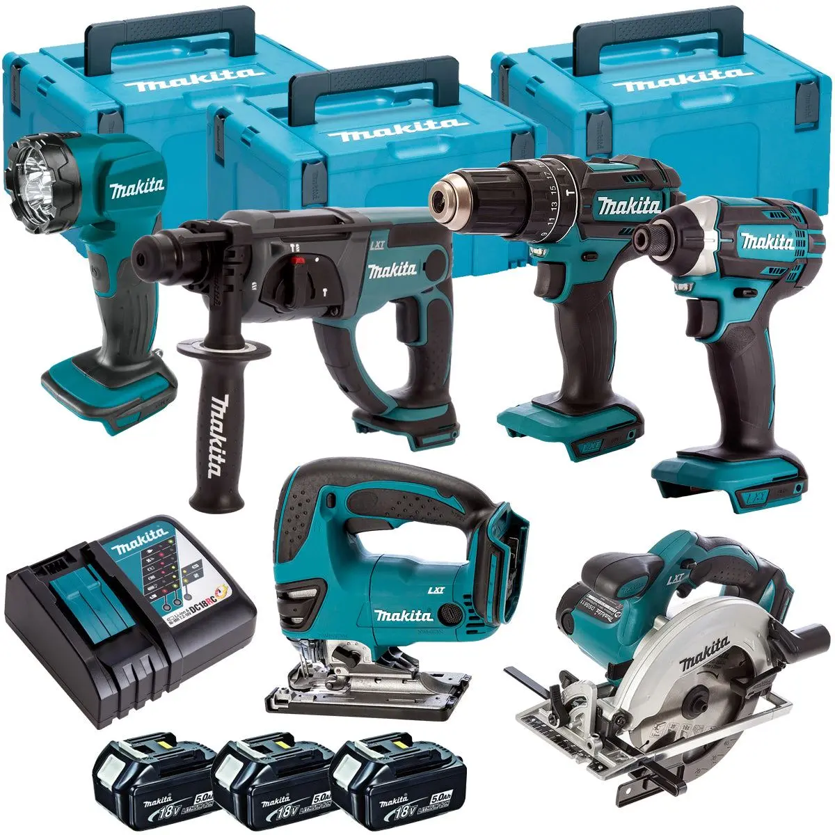 Makita 6 Piece Kit 18V Li-Ion With 3 X 5.0Ah Batteries & Charger T4tkit-98 1