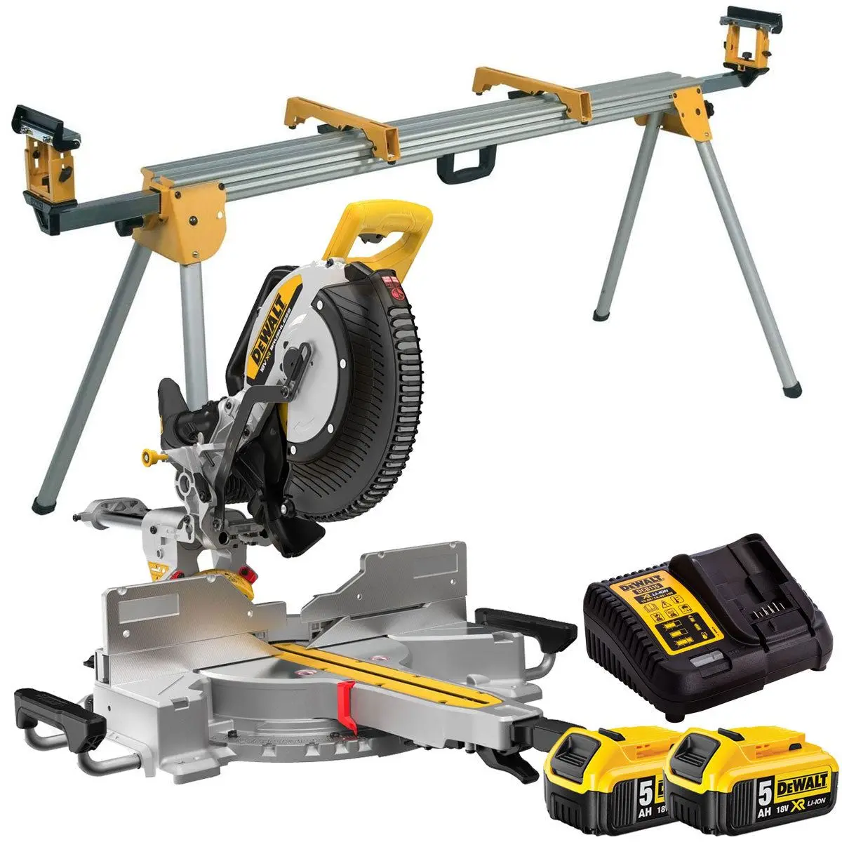 Dewalt Dcs782n-Xj 18V Xr Brushless Mitre Saw With 2 X 5.0Ah Battery Charger & Universal Leg Stand - De7023 1