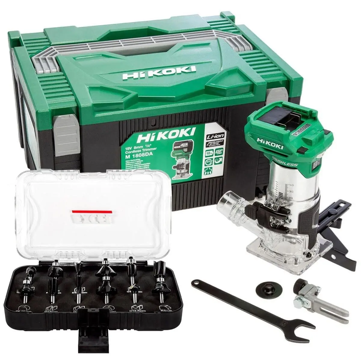 Hikoki M1808daj2z 18V 1/4" Brushless Router Trimmer With 12 Piece Cutter Set 1
