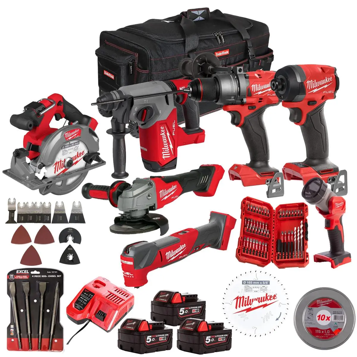 Milwaukee M18fpp7t3-503Ba 18V Fuel Brushless 7 Piece Tool Kit 3 X 5.0Ah Batteries, Charger & Accessories Set 1