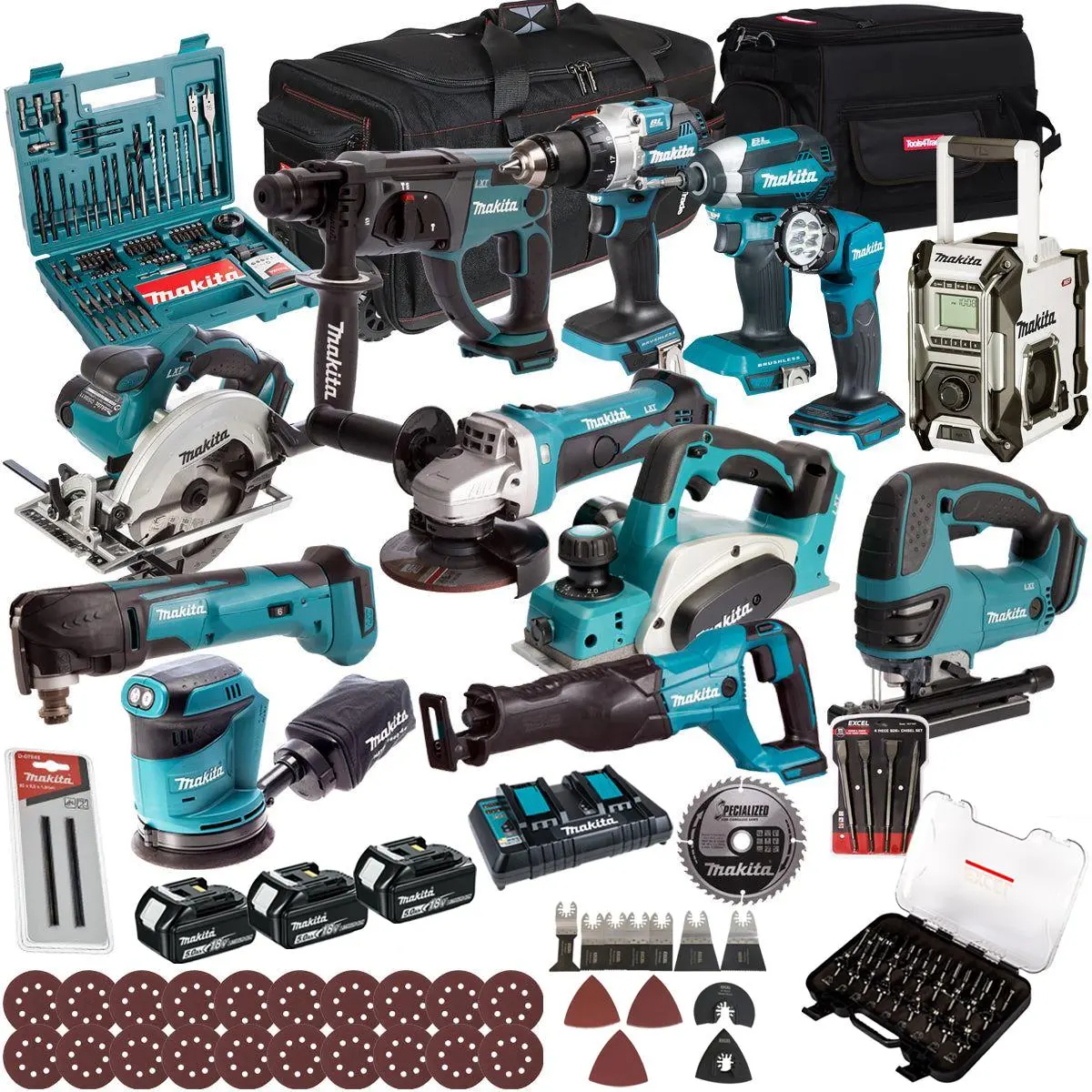 Makita 18V 12 Piece Combo Kit With 3 X 5.0Ah Battery Charger & Accessories Set T4tkit-17223 1
