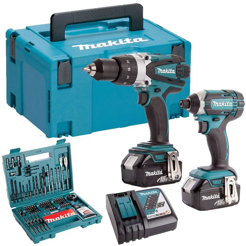 Makita Dlx2145tj 18V Twin Kit 2 X 5.0Ah Batteries Charger & 100 Piece Drill Set 1