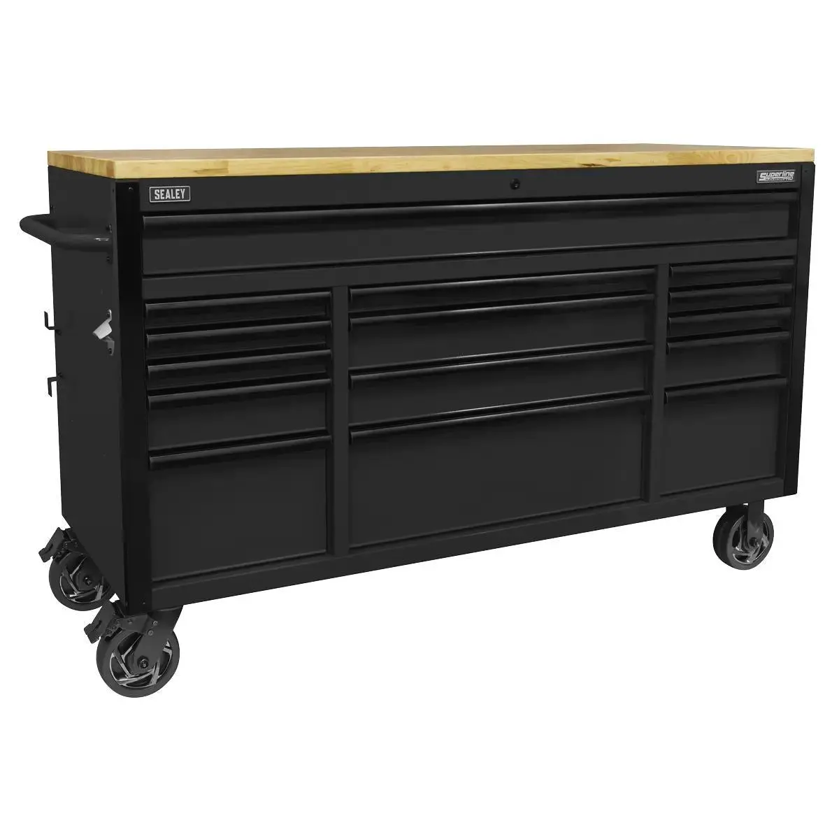 Sealey Ap6215be Superline Pro Black Edition Mobile Trolley With Wooden Worktop 15 Drawer 1549Mm 1