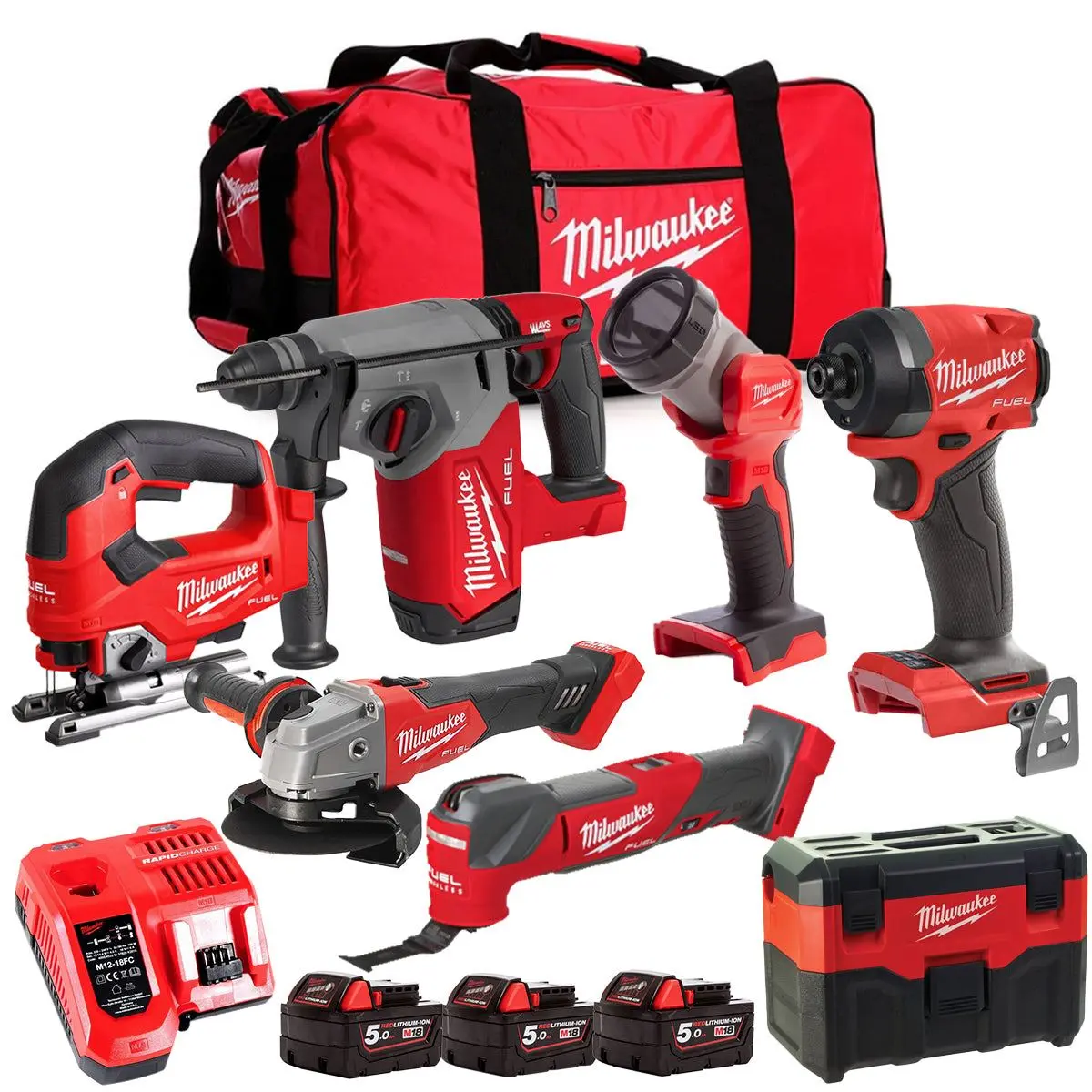 Milwaukee M18fpp6l3-503Bk29 18V 7 Piece Tool Kit With 3 X 5.0Ah Batteries Charger & Wheeled Bag 1