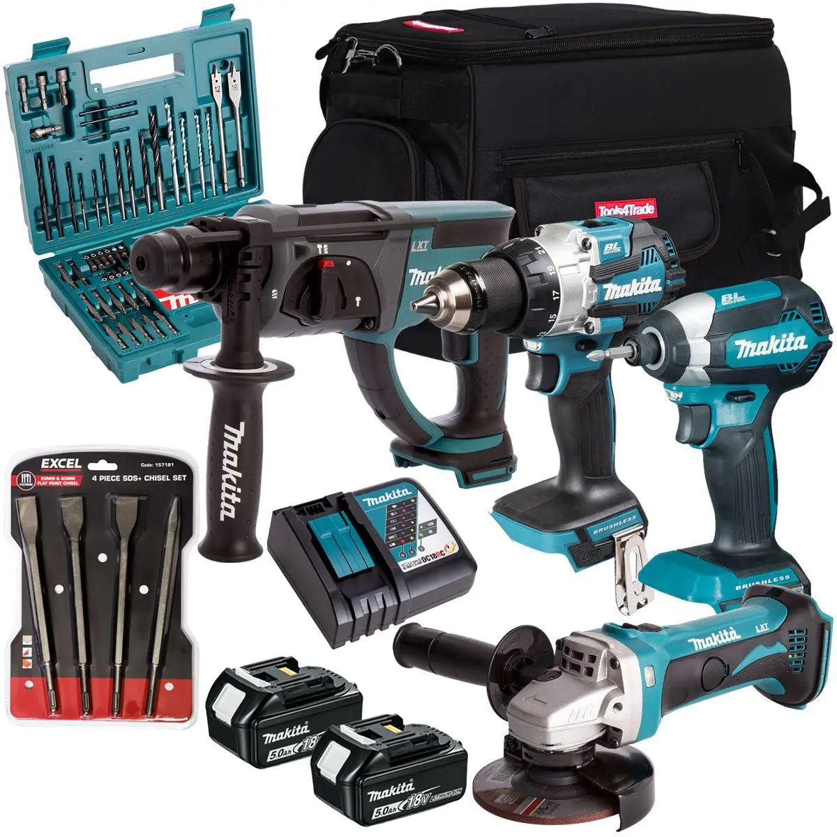 Makita 18V 4 Piece Combo Kit With 2 X 5.0Ah Battery Charger & Accessories Set T4tkit-17235 1